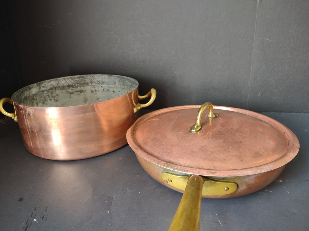Vintage Bongusto Italy Copper Cookware Set 3 Pc Skillet Pot Lid Brass [6694]