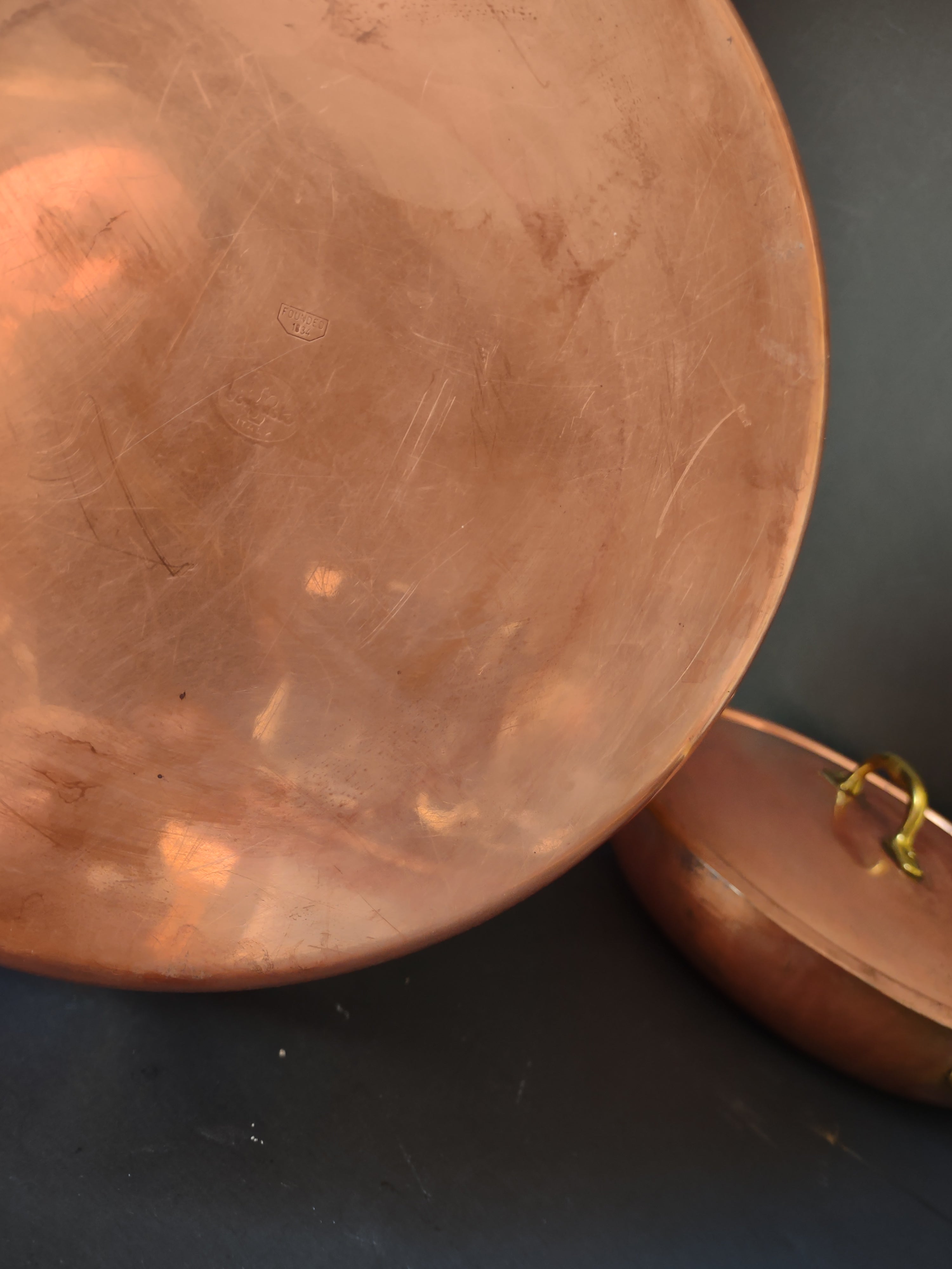 Vintage Bongusto Italy Copper Cookware Set 3 Pc Skillet Pot Lid Brass [6694]
