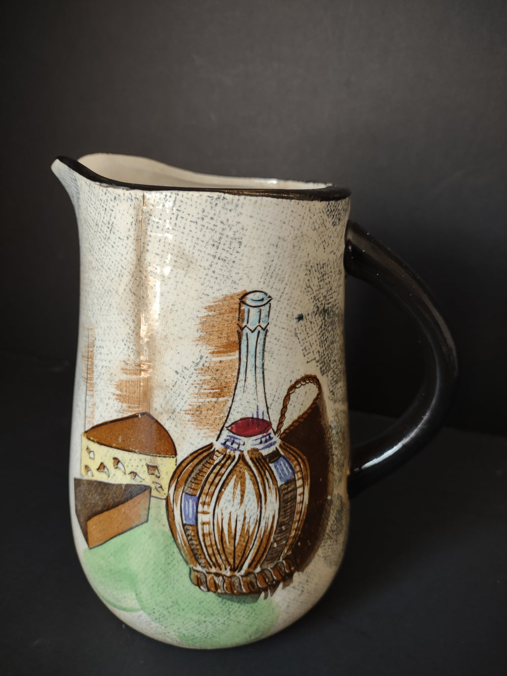 Vintage Ceramic Pitcher Cream Wine Cheese Brown Rim Crazing [6693]