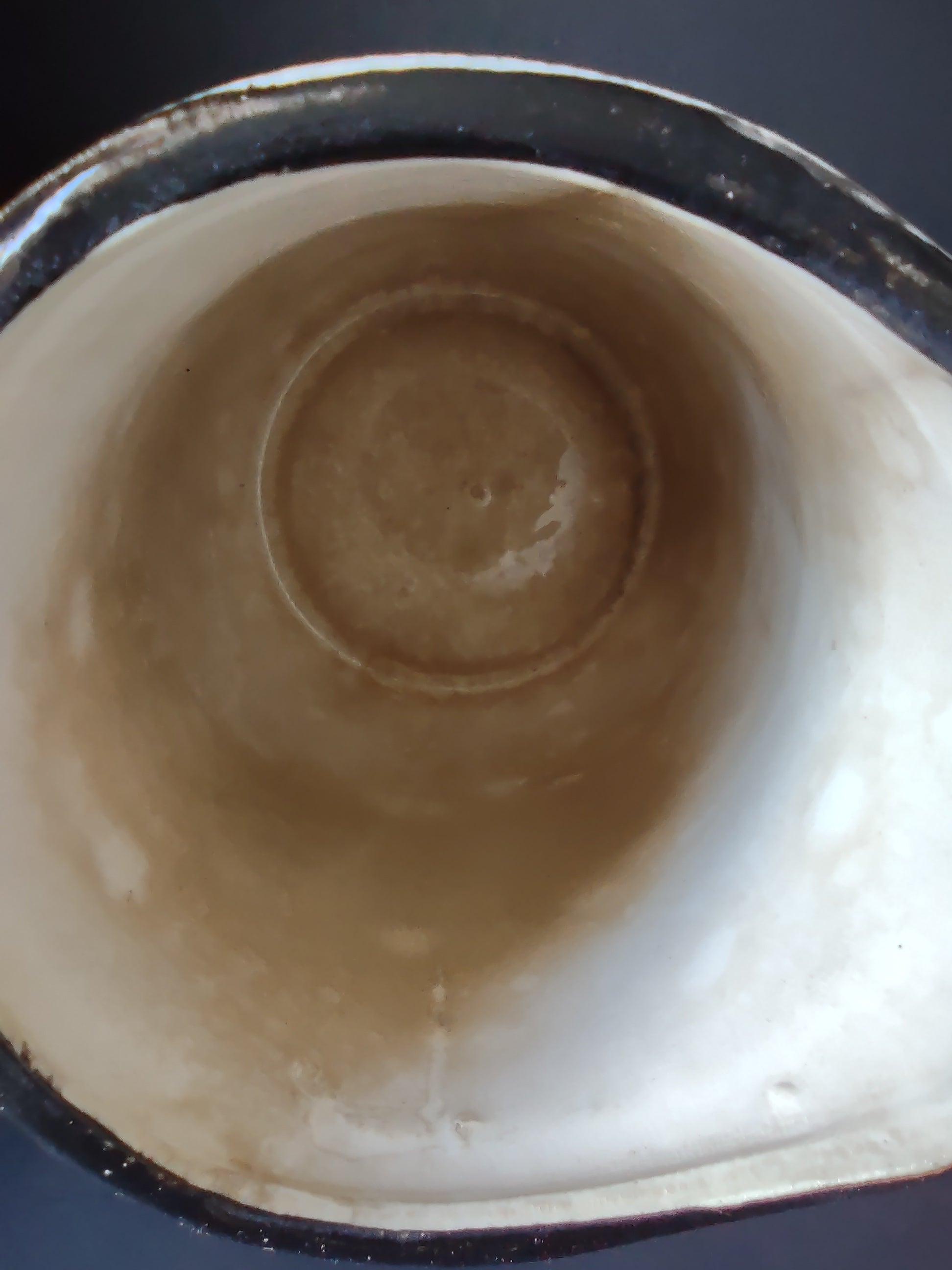 Vintage Ceramic Pitcher Cream Wine Cheese Brown Rim Crazing [6693]