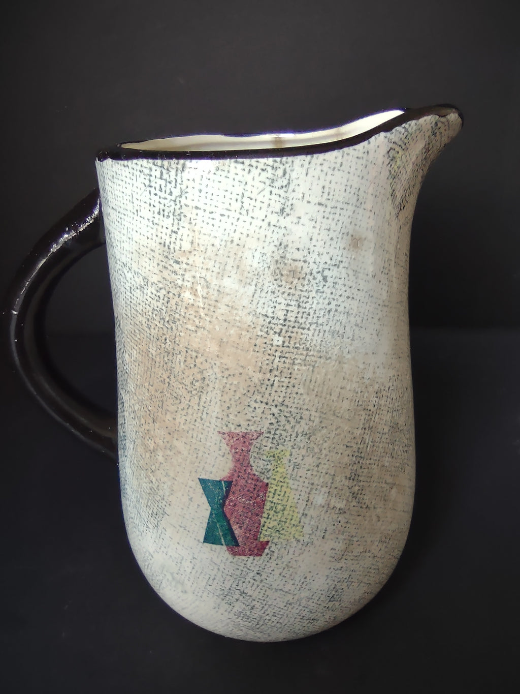Vintage Ceramic Pitcher Cream Wine Cheese Brown Rim Crazing [6693]