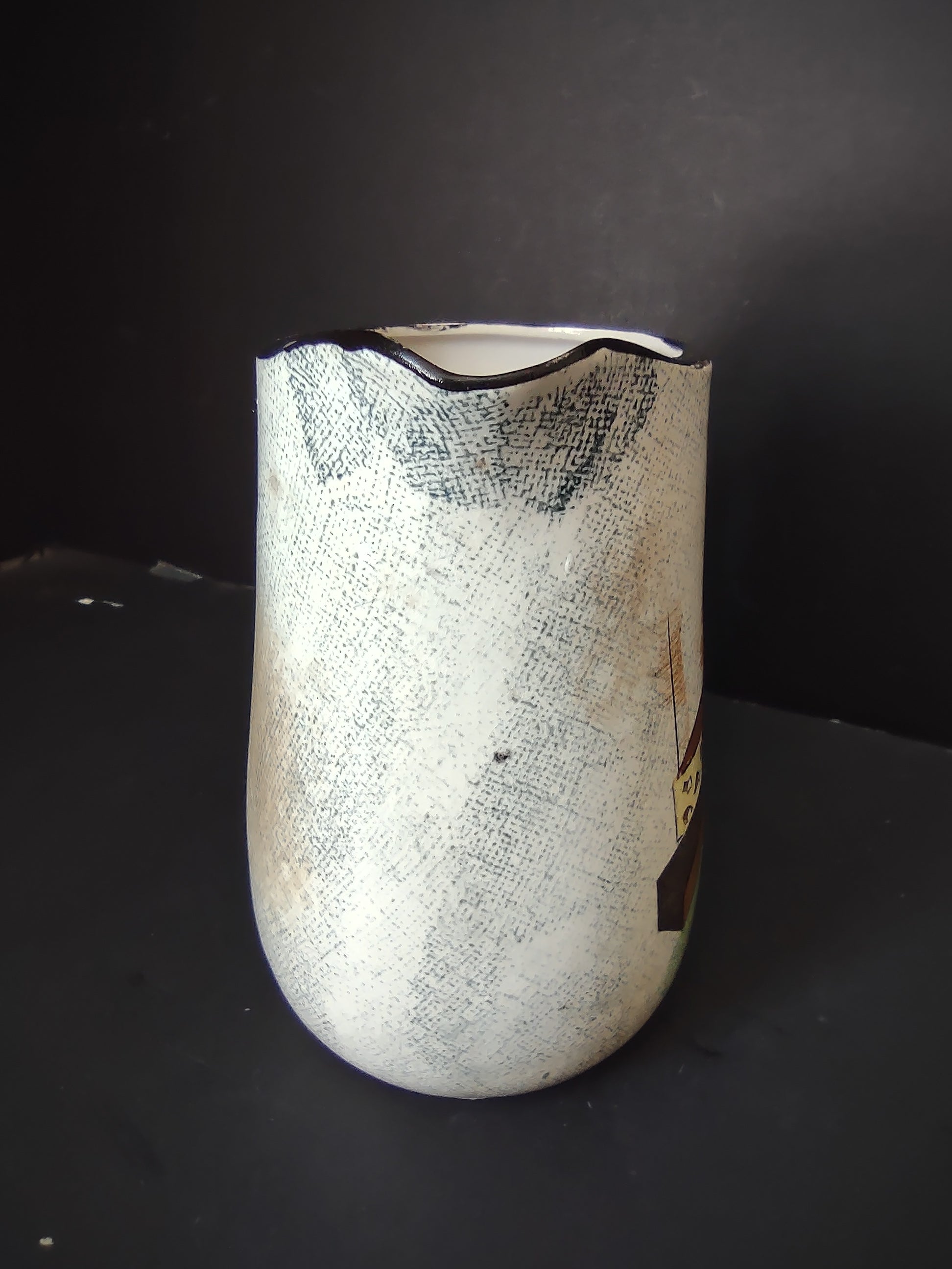 Vintage Ceramic Pitcher Cream Wine Cheese Brown Rim Crazing [6693]