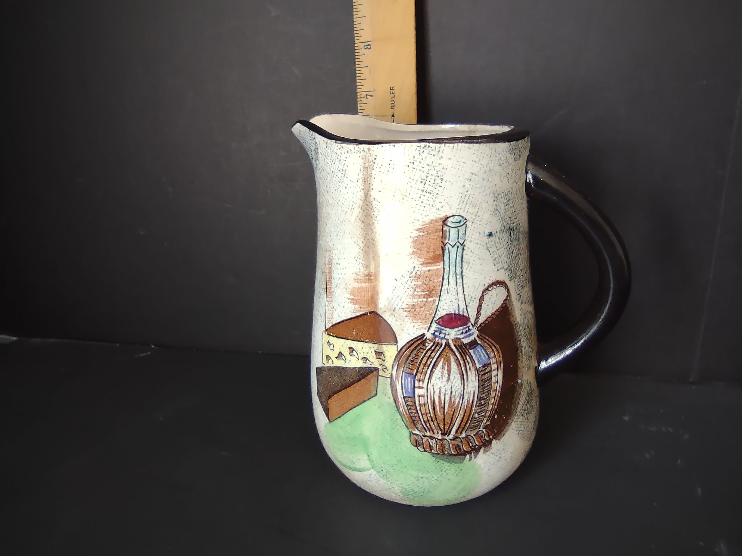 Vintage Ceramic Pitcher Cream Wine Cheese Brown Rim Crazing [6693]
