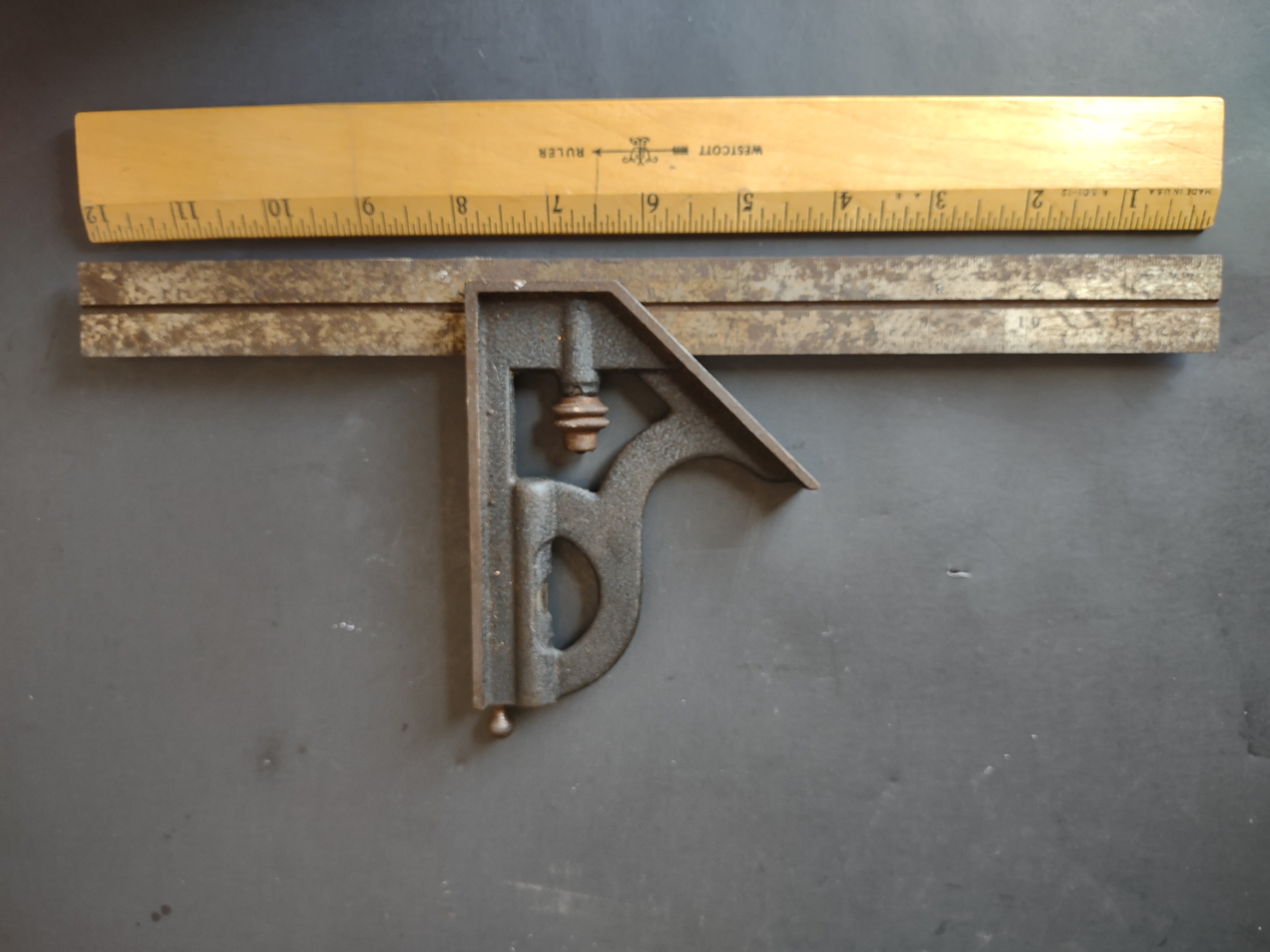 Vintage Combination Square Cast Iron Head 12" Blade Spirit Level Tool [6688]