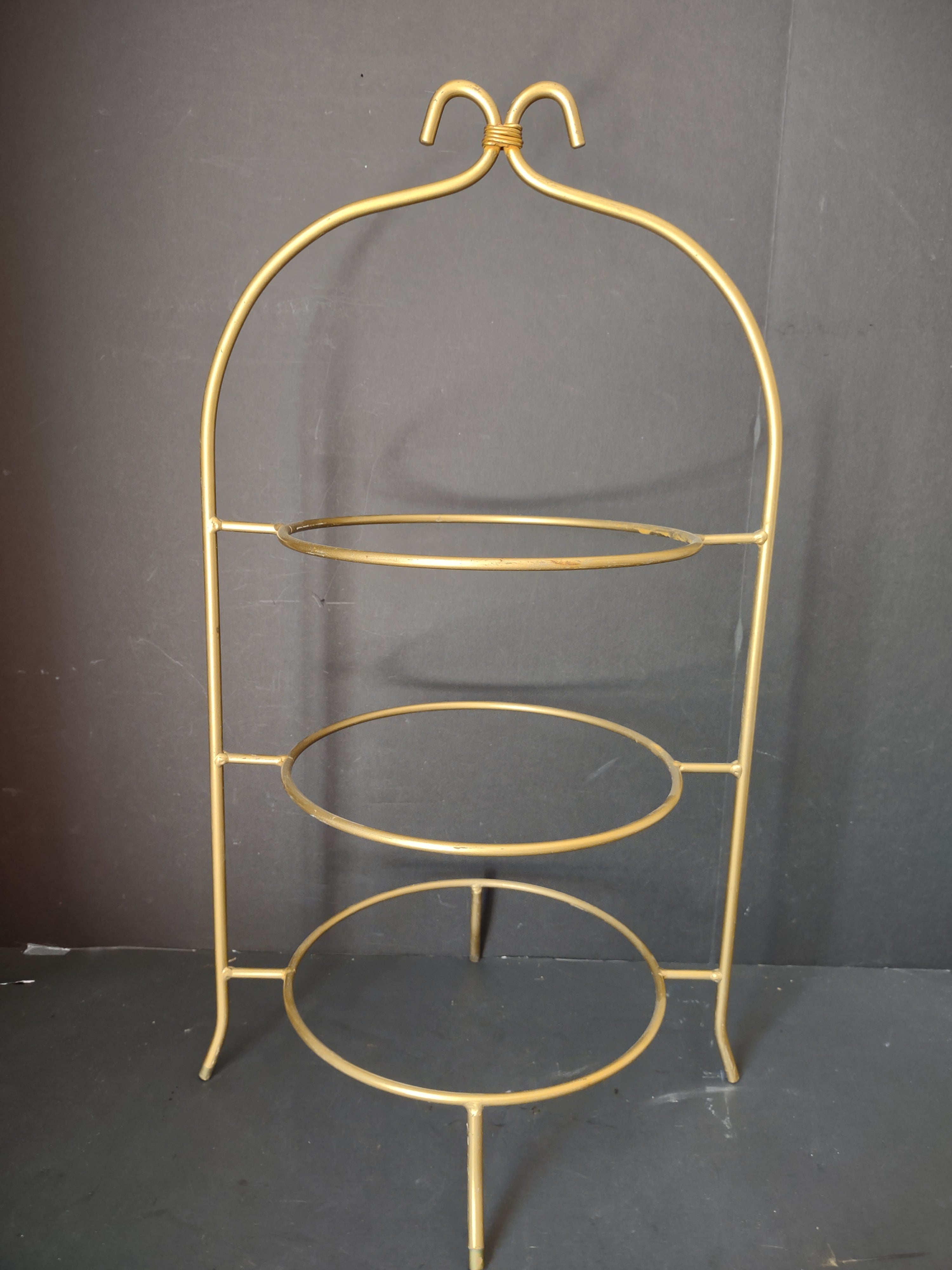 Vintage 3-Tier Gold Gilt Metal Plate Stand Scrolled Handle Display [6687]
