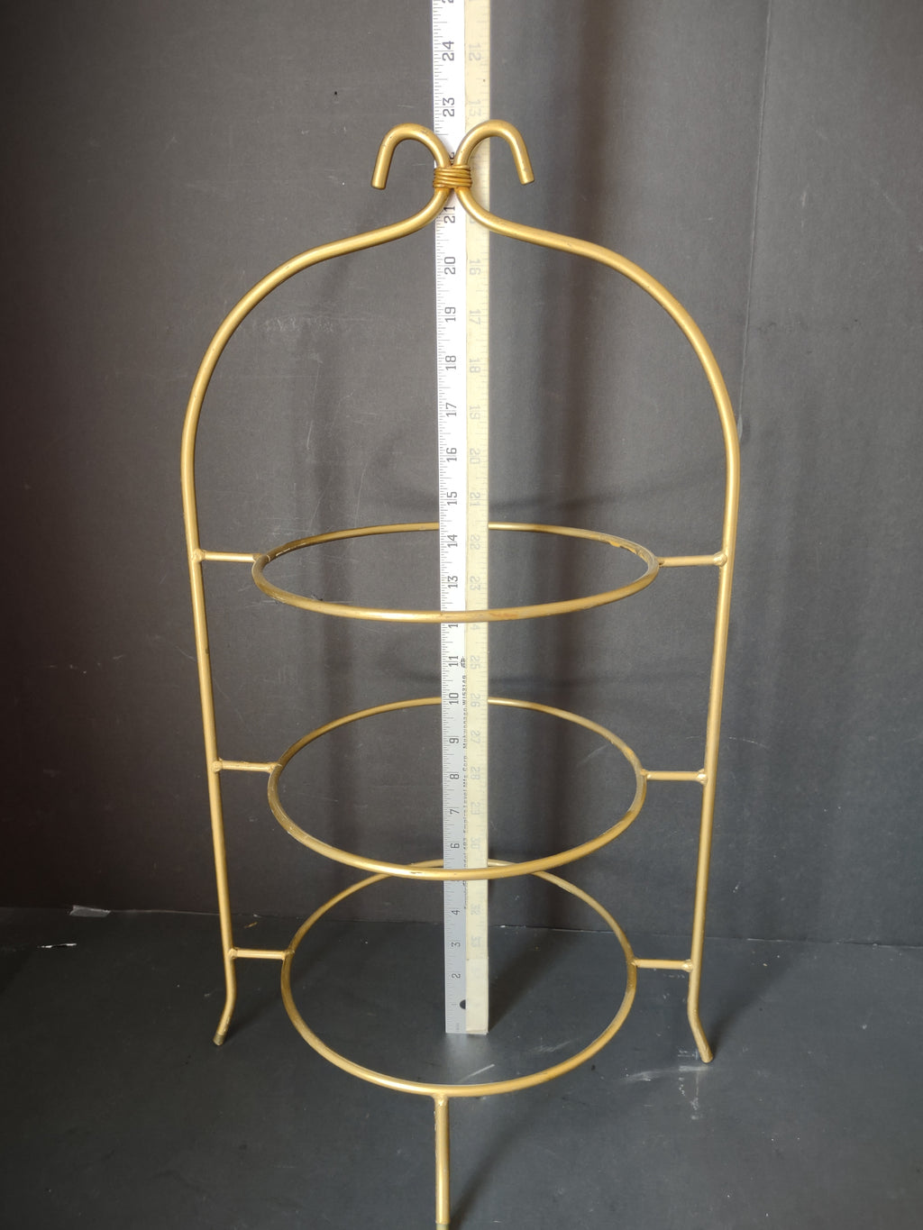 Vintage 3-Tier Gold Gilt Metal Plate Stand Scrolled Handle Display [6687]
