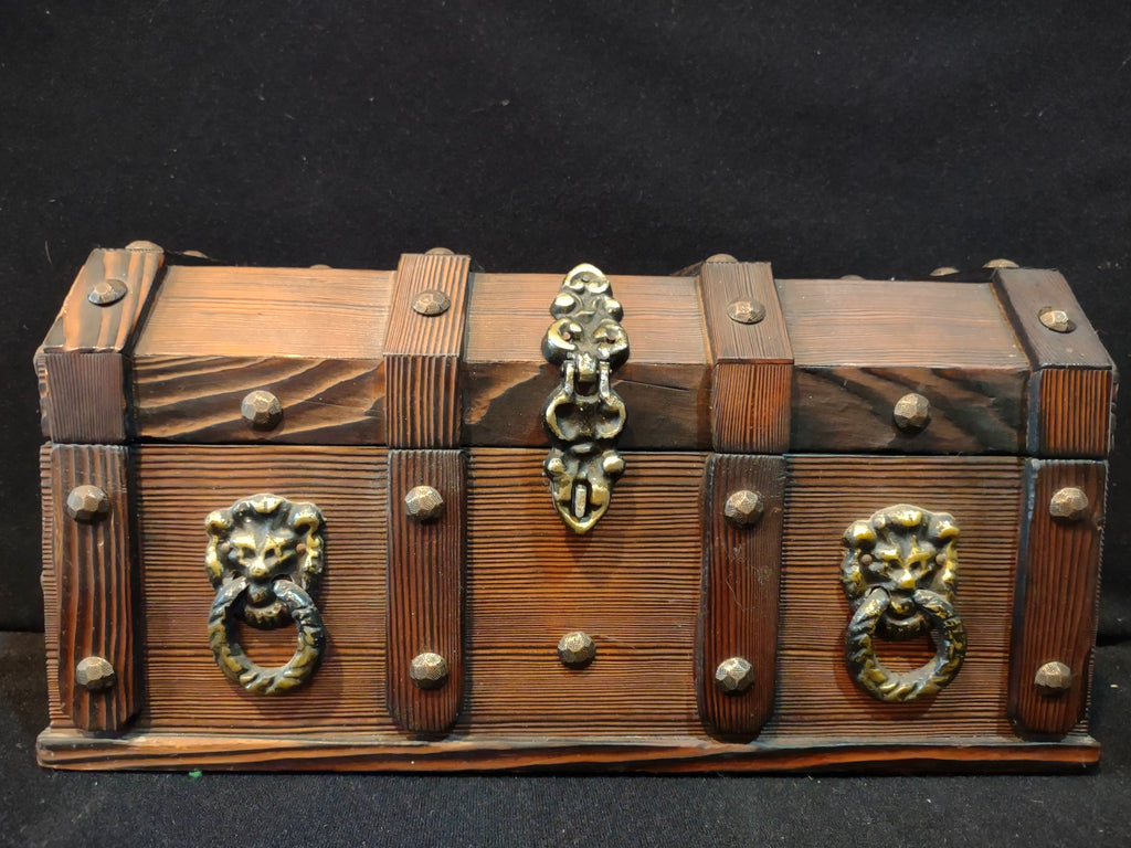 Vintage Amber Glass Decanter Set 2 Decanters 4 Glasses Wooden Chest Box [6704]