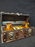 Vintage Amber Glass Decanter Set 2 Decanters 4 Glasses Wooden Chest Box [6704]