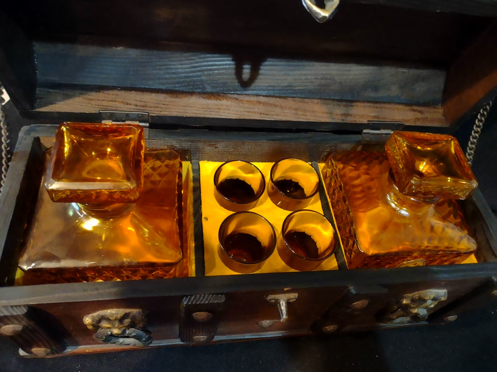 Vintage Amber Glass Decanter Set 2 Decanters 4 Glasses Wooden Chest Box [6704]