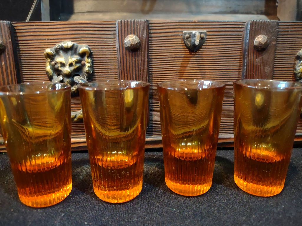 Vintage Amber Glass Decanter Set 2 Decanters 4 Glasses Wooden Chest Box [6704]