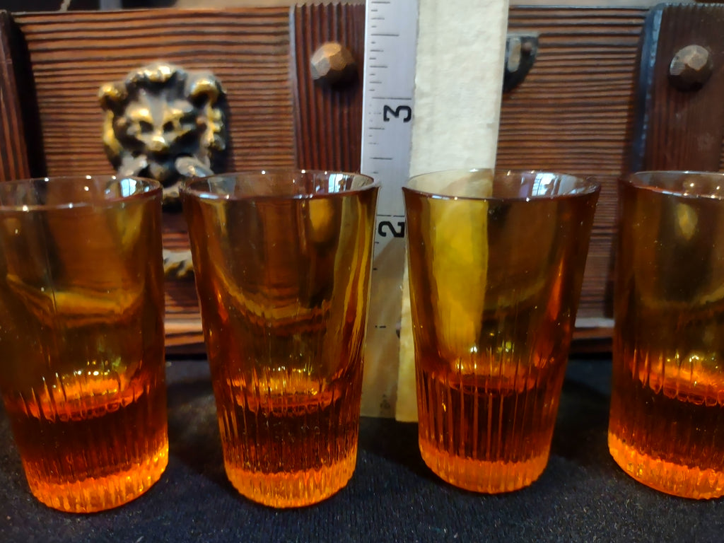 Vintage Amber Glass Decanter Set 2 Decanters 4 Glasses Wooden Chest Box [6704]