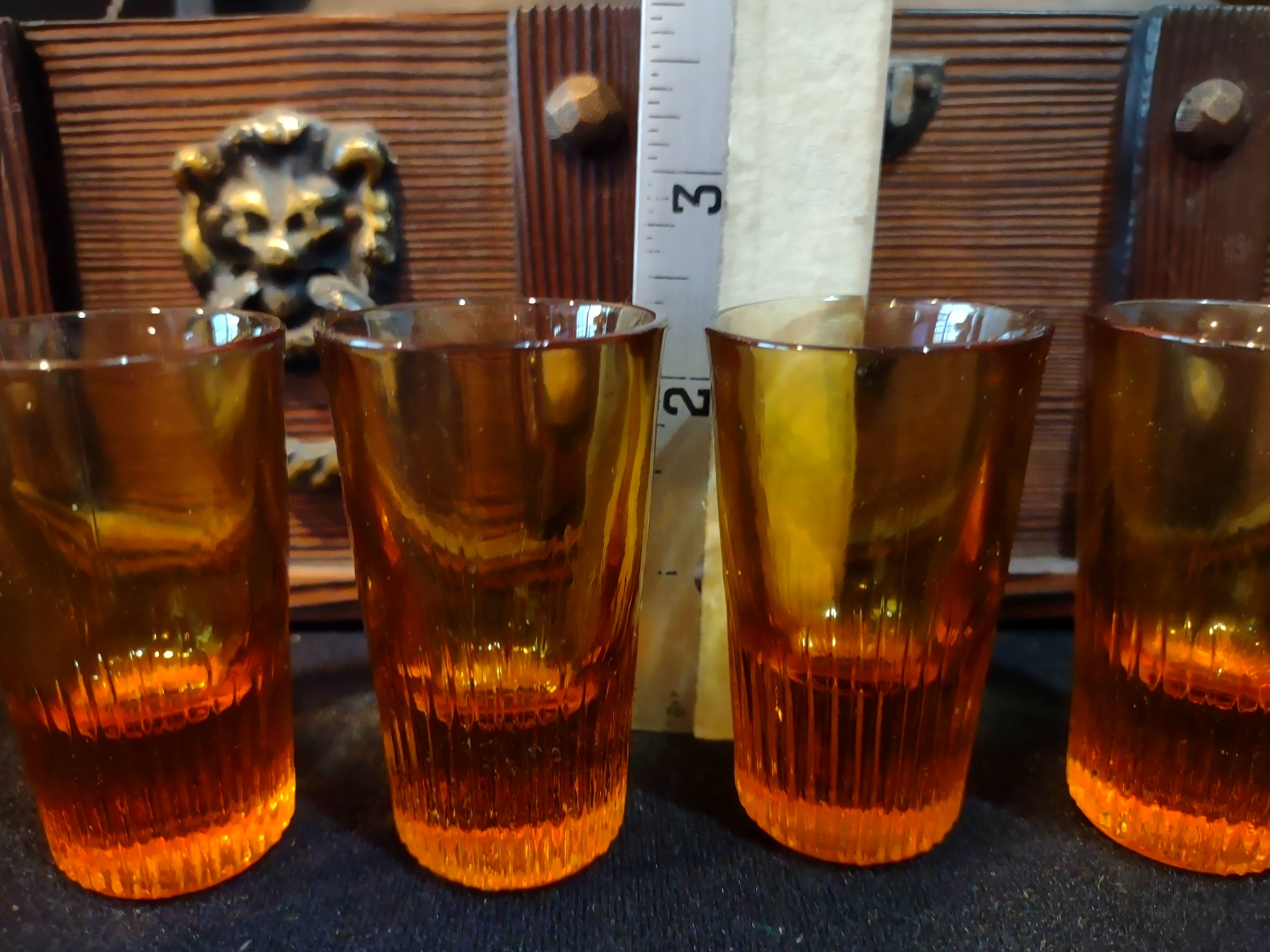 Vintage Amber Glass Decanter Set 2 Decanters 4 Glasses Wooden Chest Box [6704]