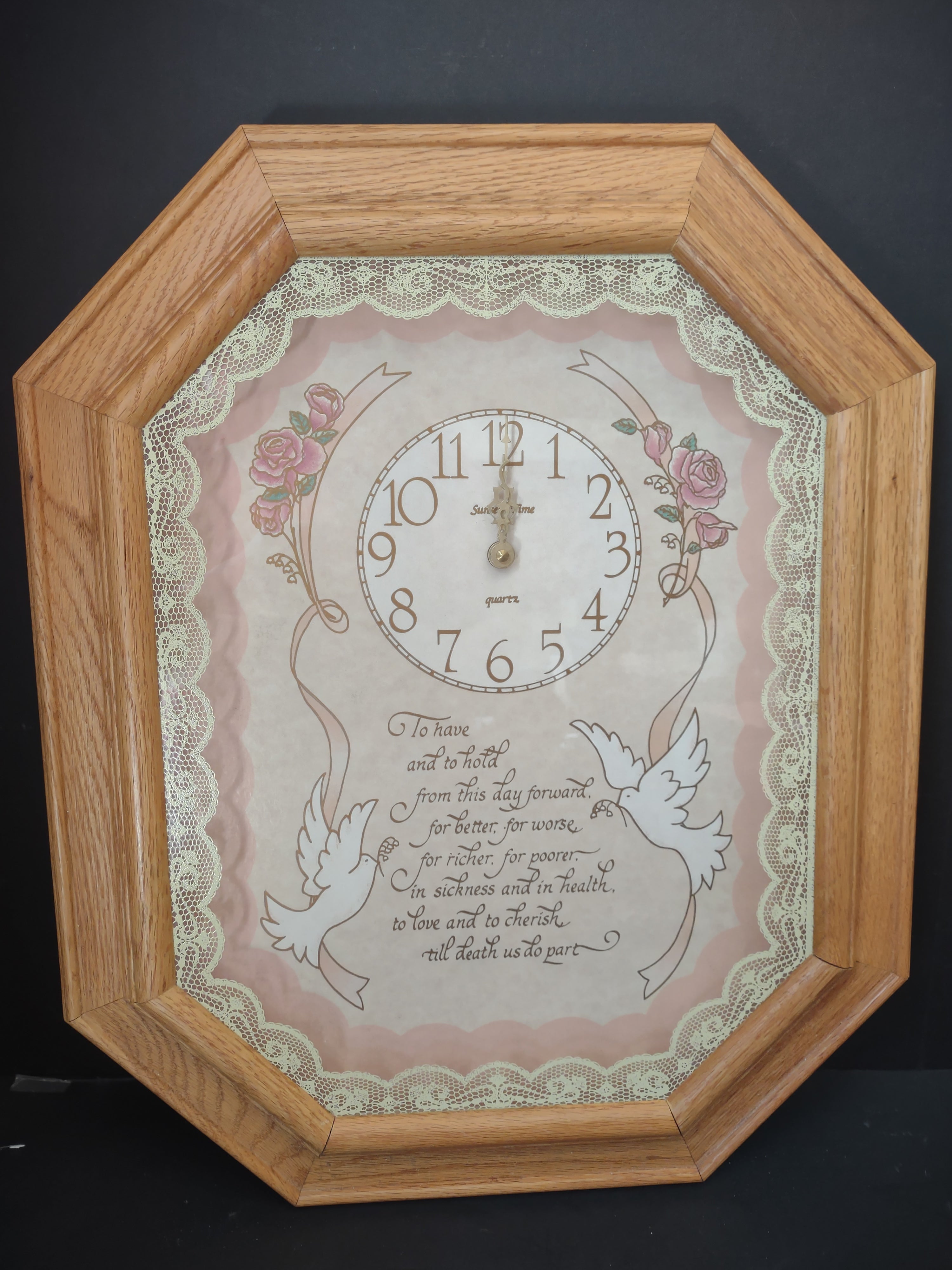 Vintage Sunshine Home Wedding Wall Clock Oak Roses Doves Not Working [6699]