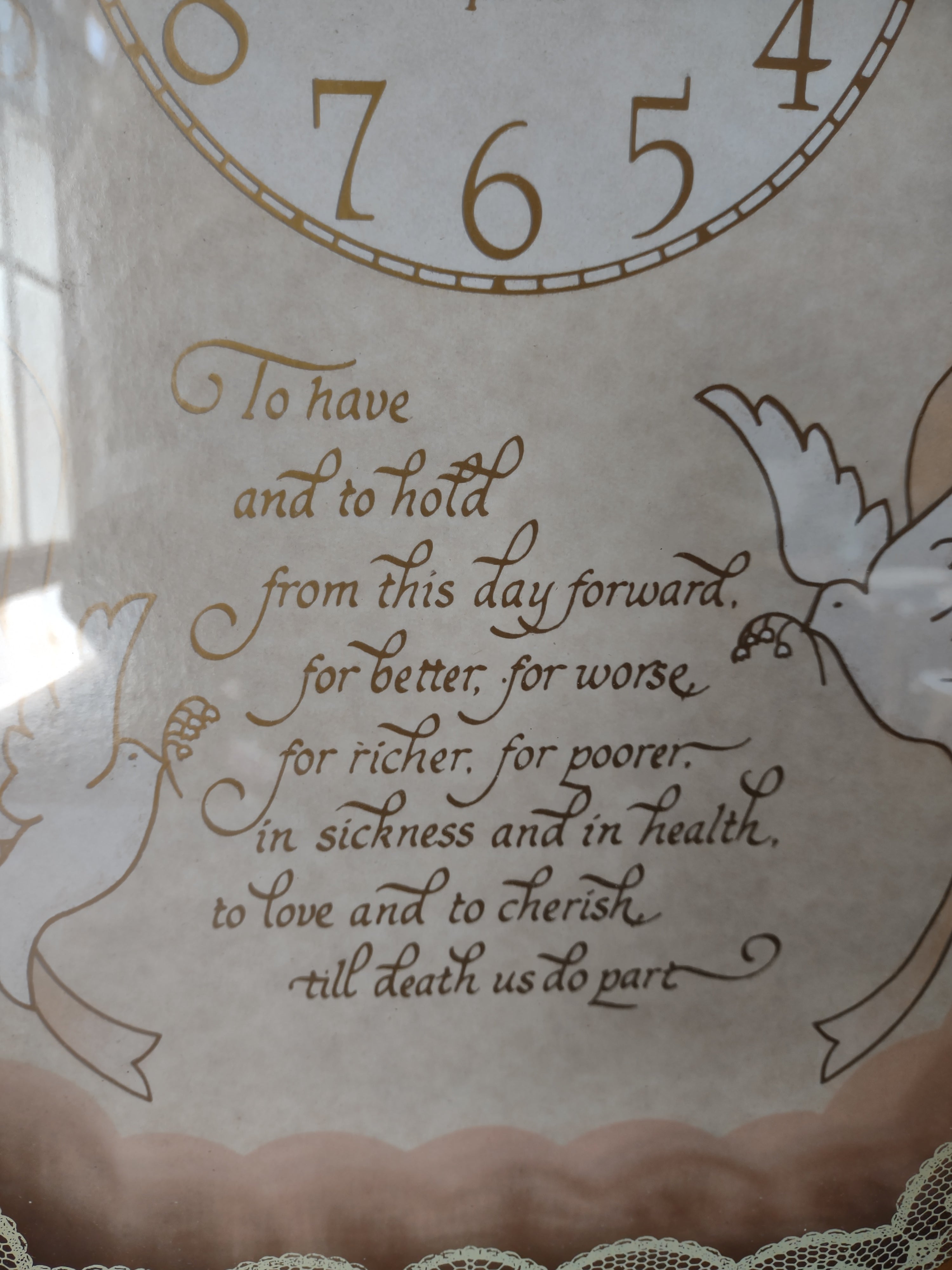 Vintage Sunshine Home Wedding Wall Clock Oak Roses Doves Not Working [6699]