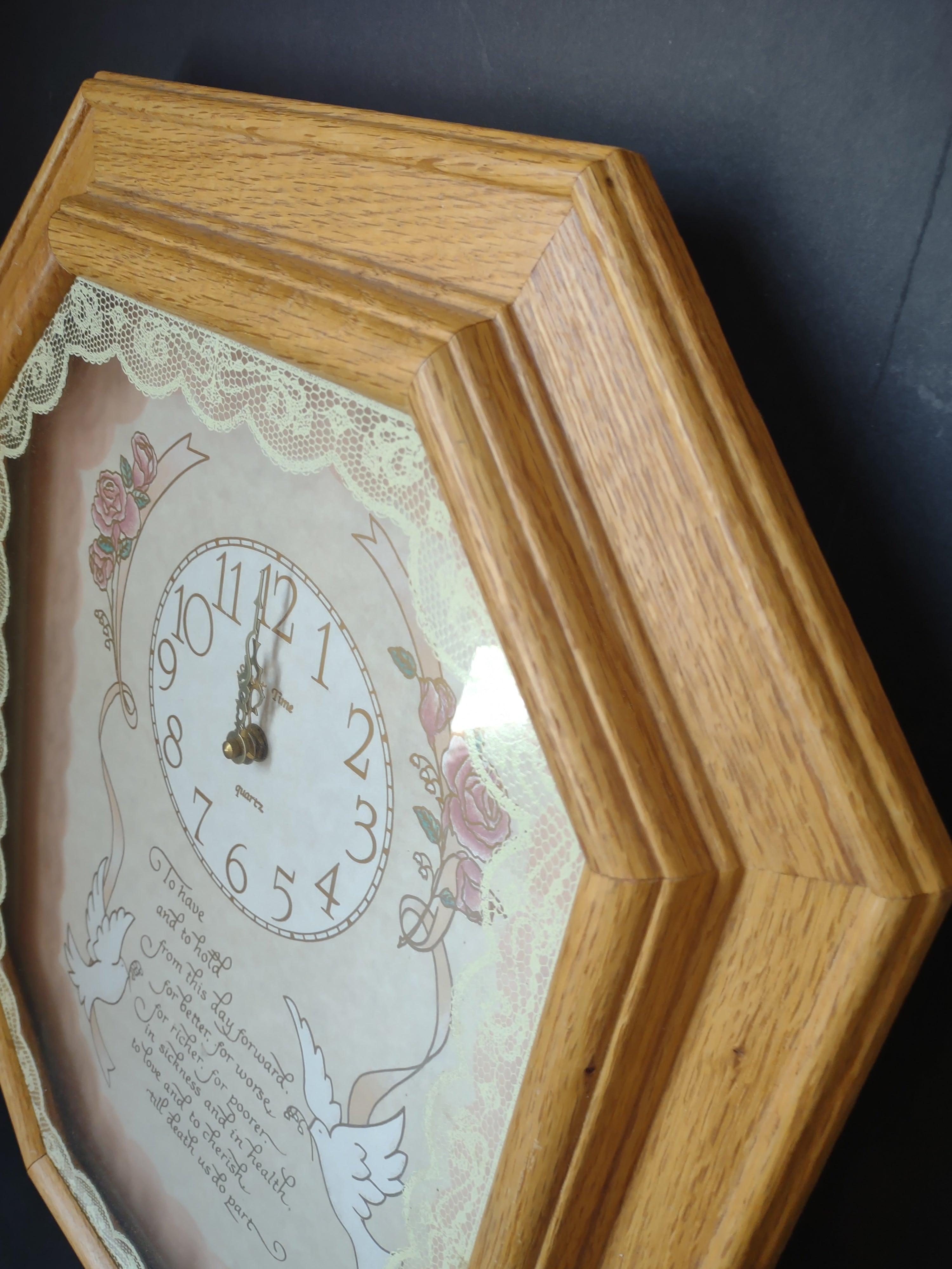 Vintage Sunshine Home Wedding Wall Clock Oak Roses Doves Not Working [6699]