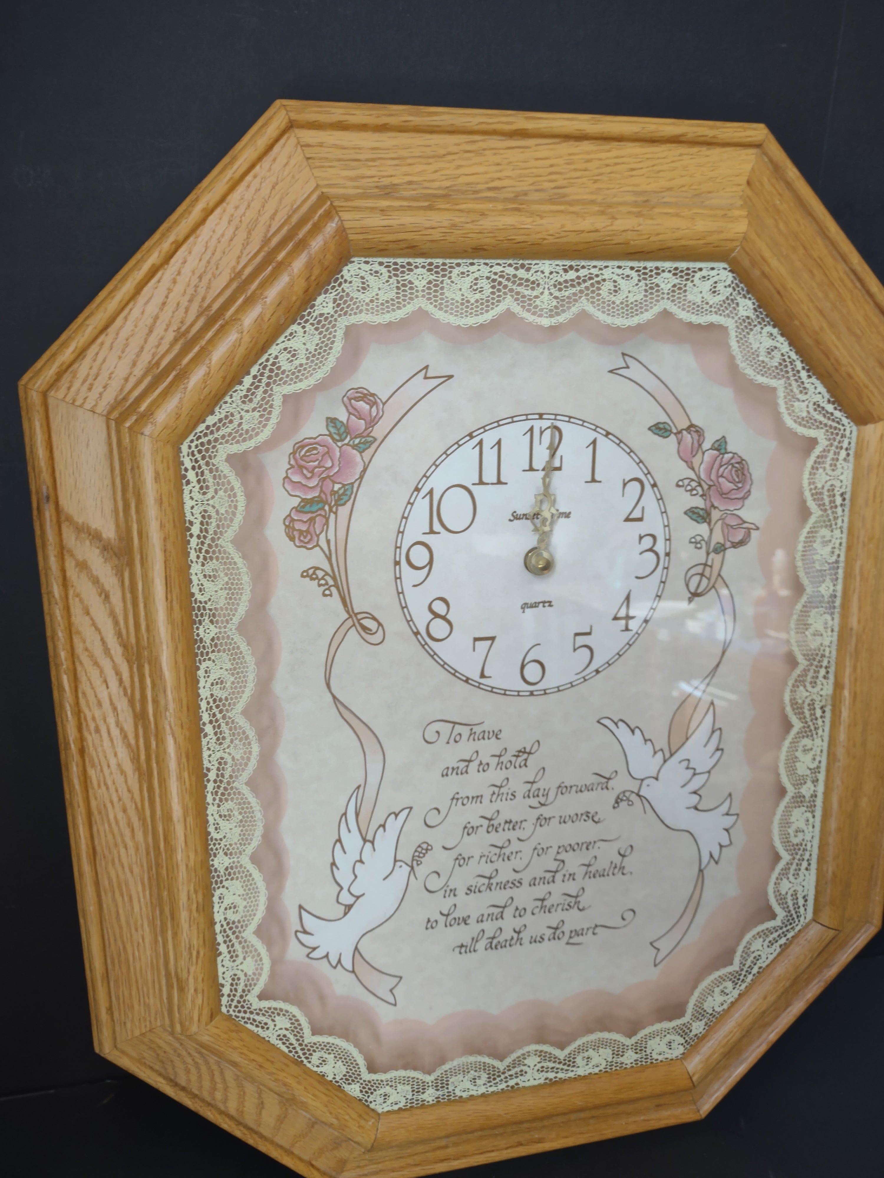 Vintage Sunshine Home Wedding Wall Clock Oak Roses Doves Not Working [6699]