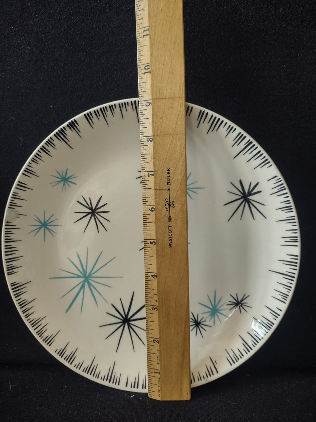Vintage Homer Laughlin DuraPrint Starburst Atomic 9" Plate Teal Black REPAIRED [6697]