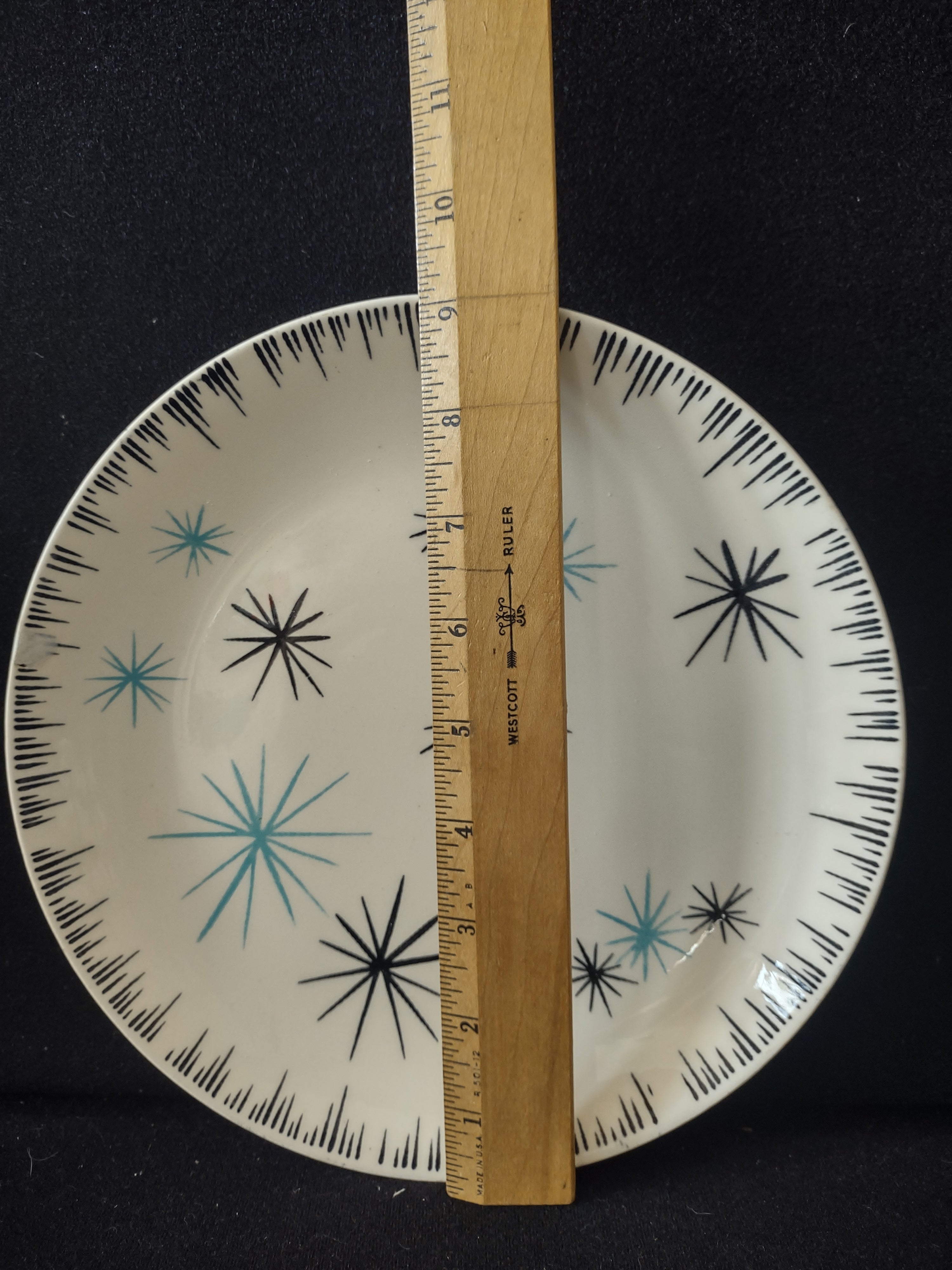 Vintage Homer Laughlin DuraPrint Starburst Atomic 9" Plate Teal Black REPAIRED [6697]
