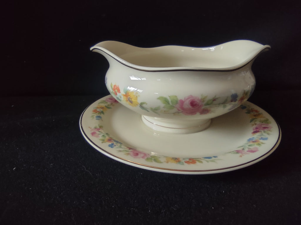 Vintage Syracuse China Old Ivory Gravy Boat w/Underplate Floral [6707]
