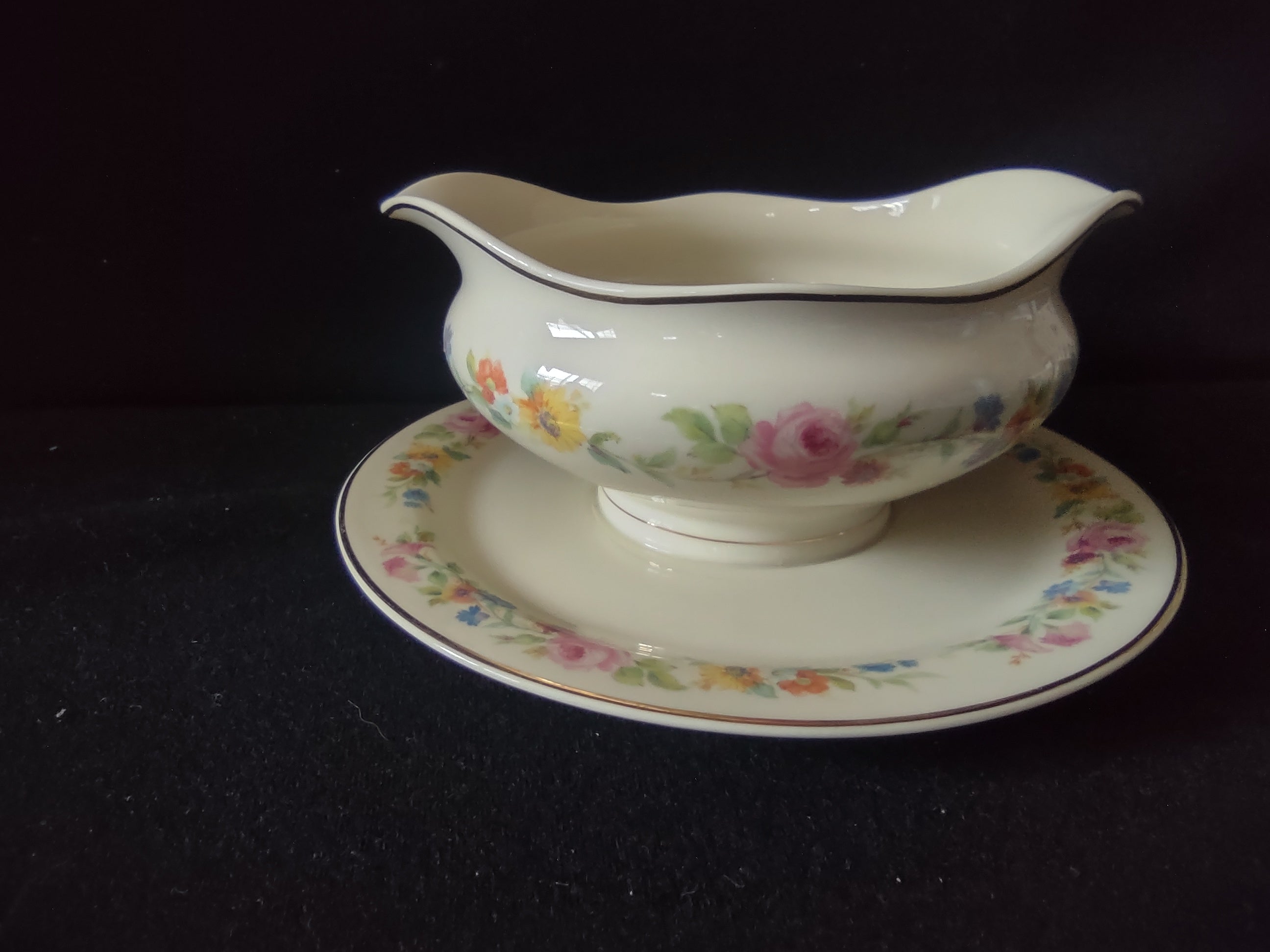 Vintage Syracuse China Old Ivory Gravy Boat w/Underplate Floral [6707]