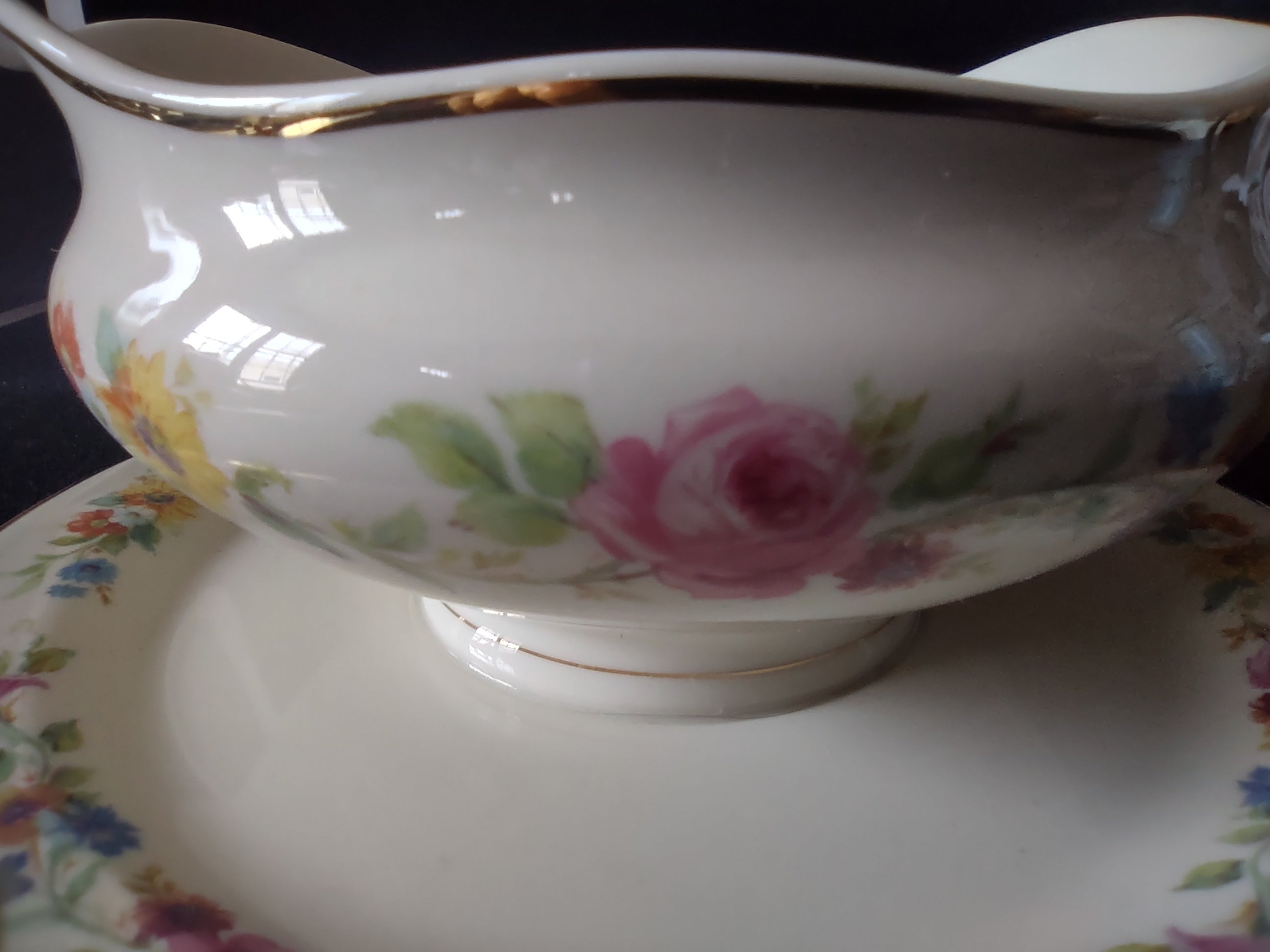 Vintage Syracuse China Old Ivory Gravy Boat w/Underplate Floral [6707]