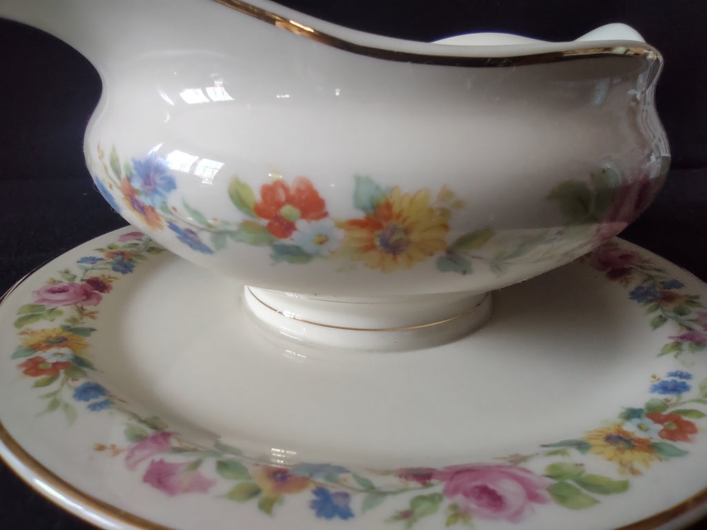 Vintage Syracuse China Old Ivory Gravy Boat w/Underplate Floral [6707]