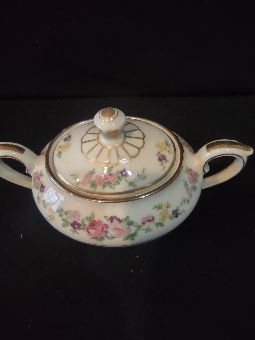 Vintage Lamberton Dolly Madison Sugar Bowl Lid Pink Rose Floral Gold [6713]
