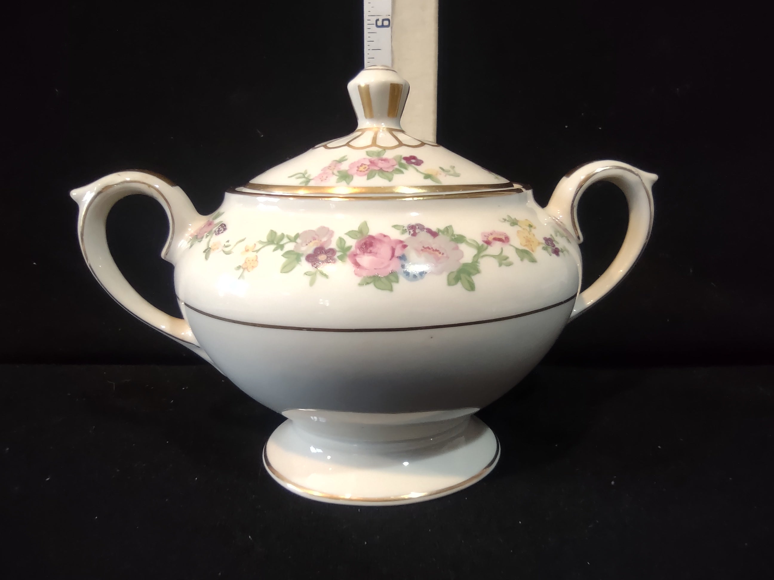 Vintage Lamberton Dolly Madison Sugar Bowl Lid Pink Rose Floral Gold [6713]