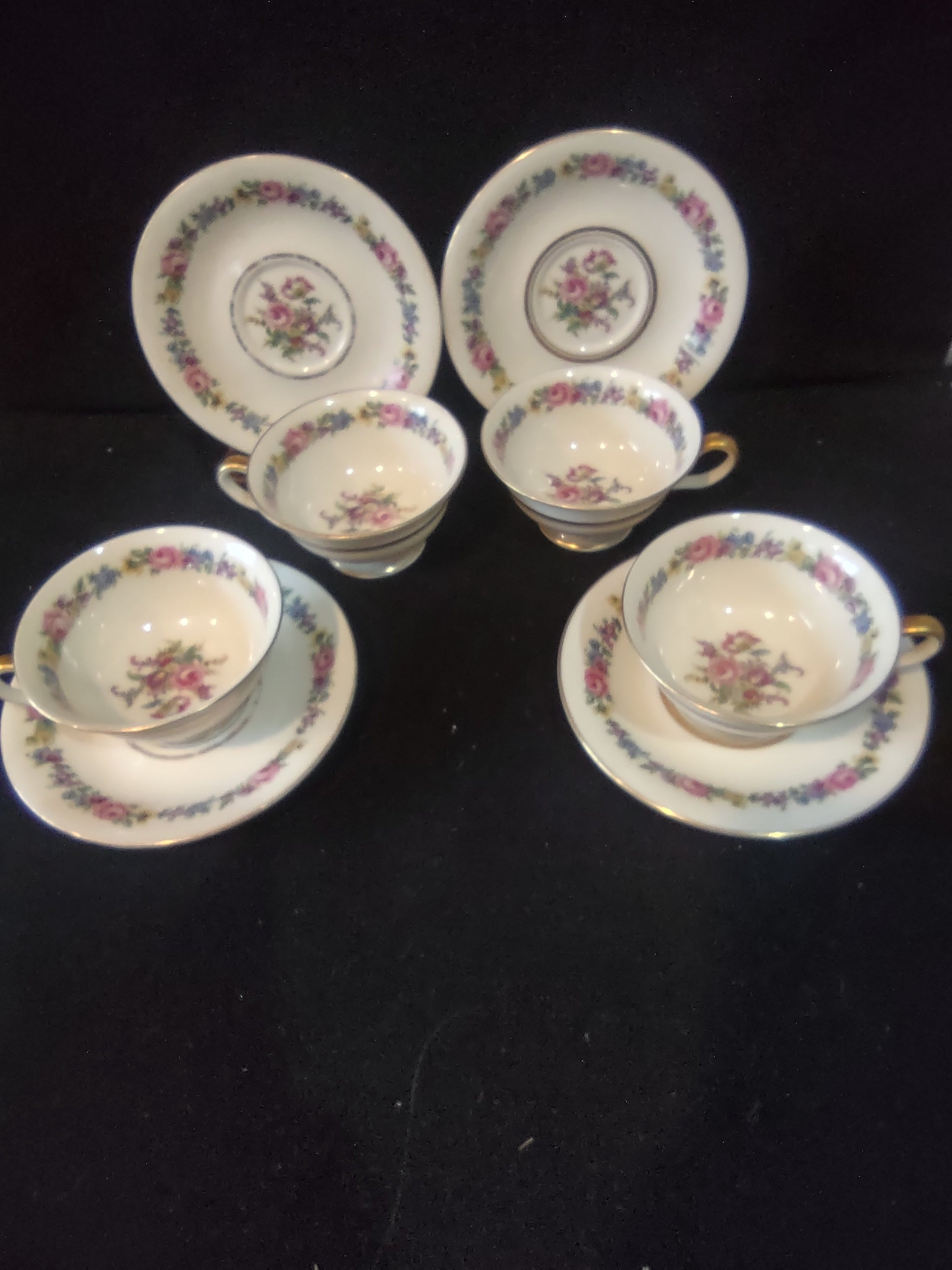 Vintage Castleton China Manor Cup & Saucer Set of 4 Floral Gold Trim [6715]