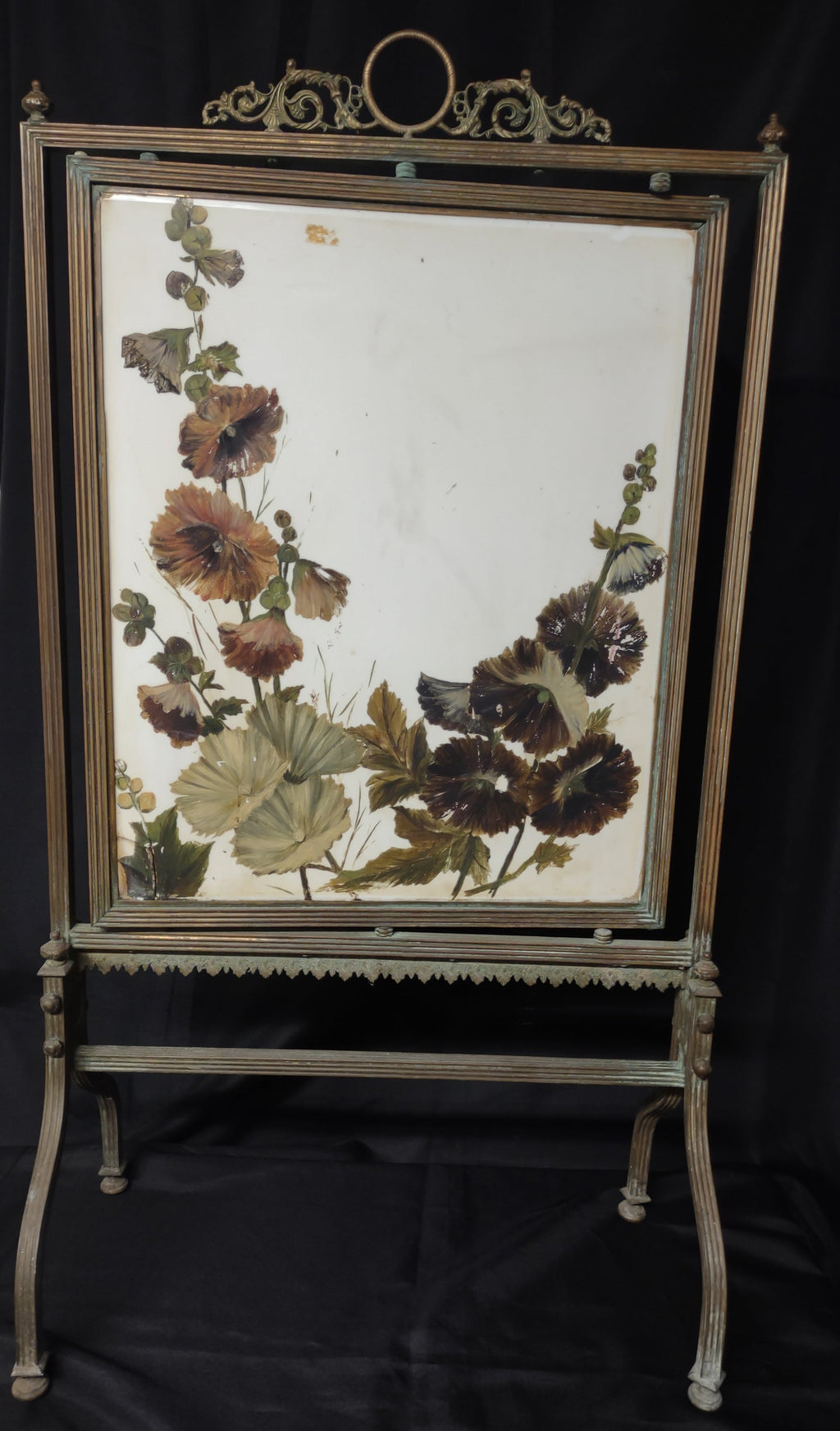 Vintage Brass Fire Screen Hand-Painted Hollyhock Floral Glass Panel [6728]