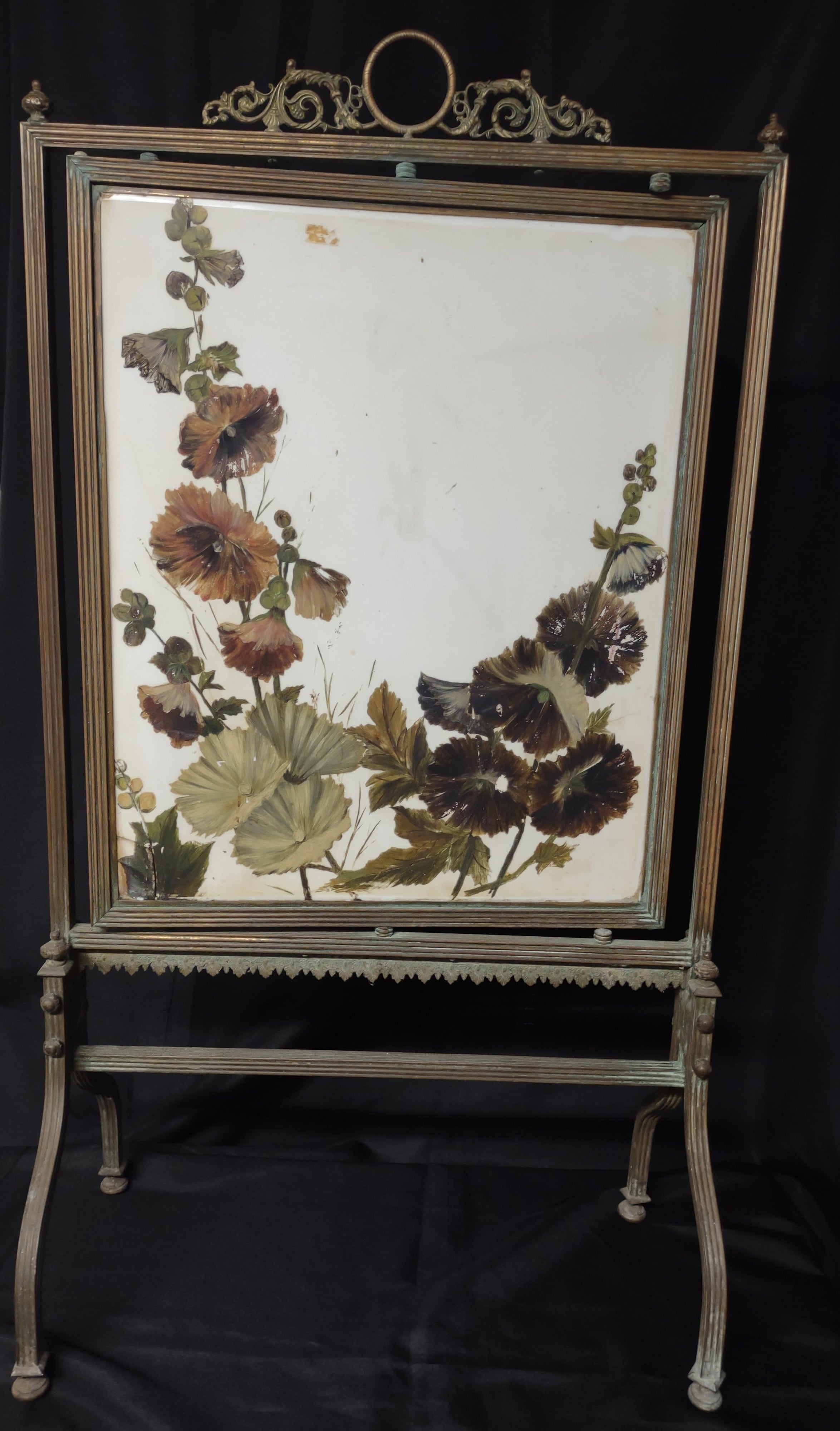 Vintage Brass Fire Screen Hand-Painted Hollyhock Floral Glass Panel [6728]