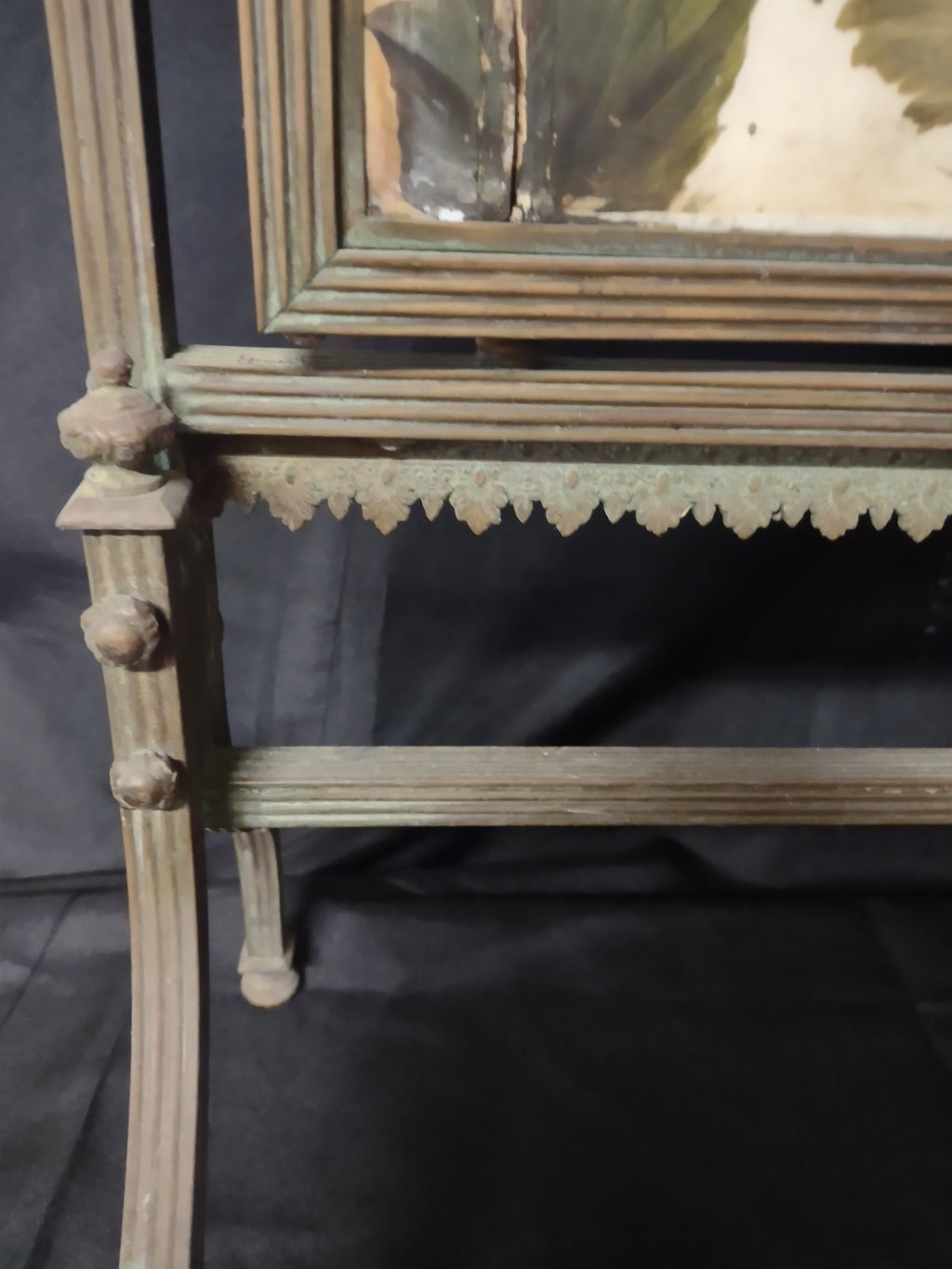 Vintage Brass Fire Screen Hand-Painted Hollyhock Floral Glass Panel [6728]