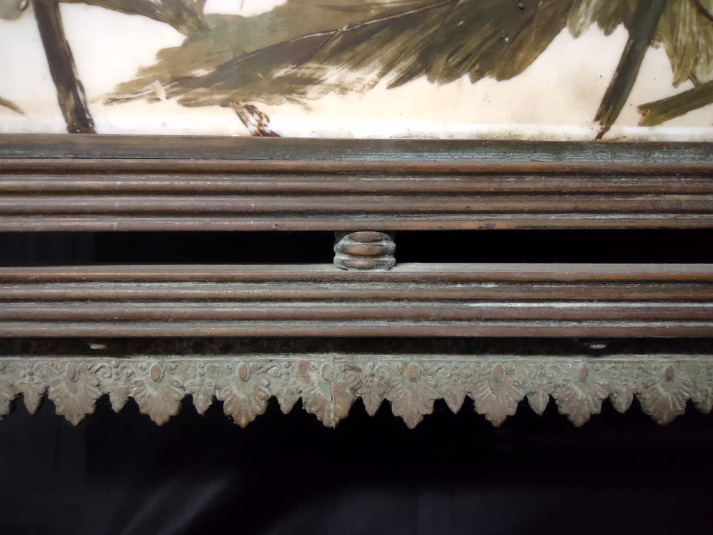 Vintage Brass Fire Screen Hand-Painted Hollyhock Floral Glass Panel [6728]