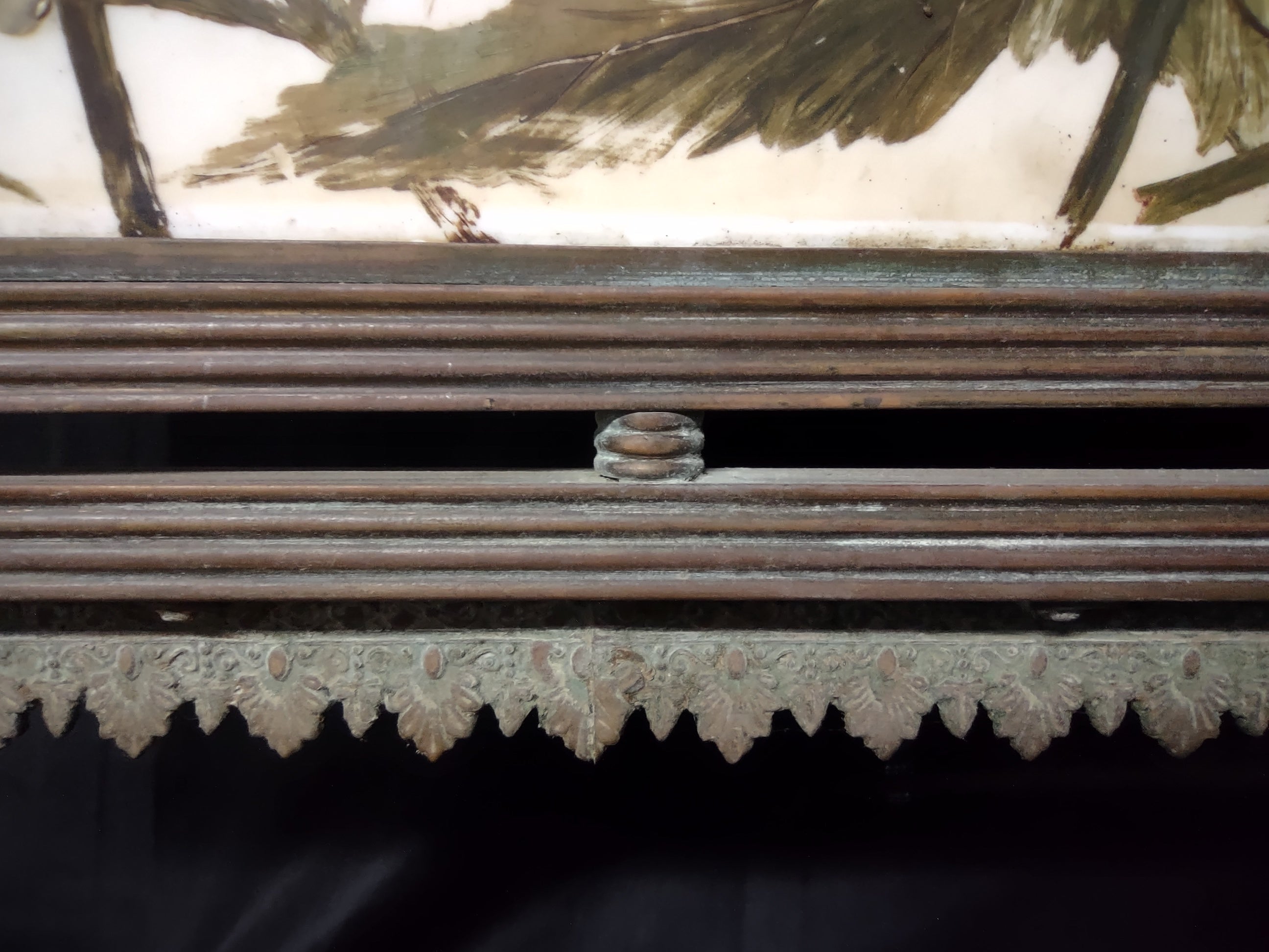 Vintage Brass Fire Screen Hand-Painted Hollyhock Floral Glass Panel [6728]