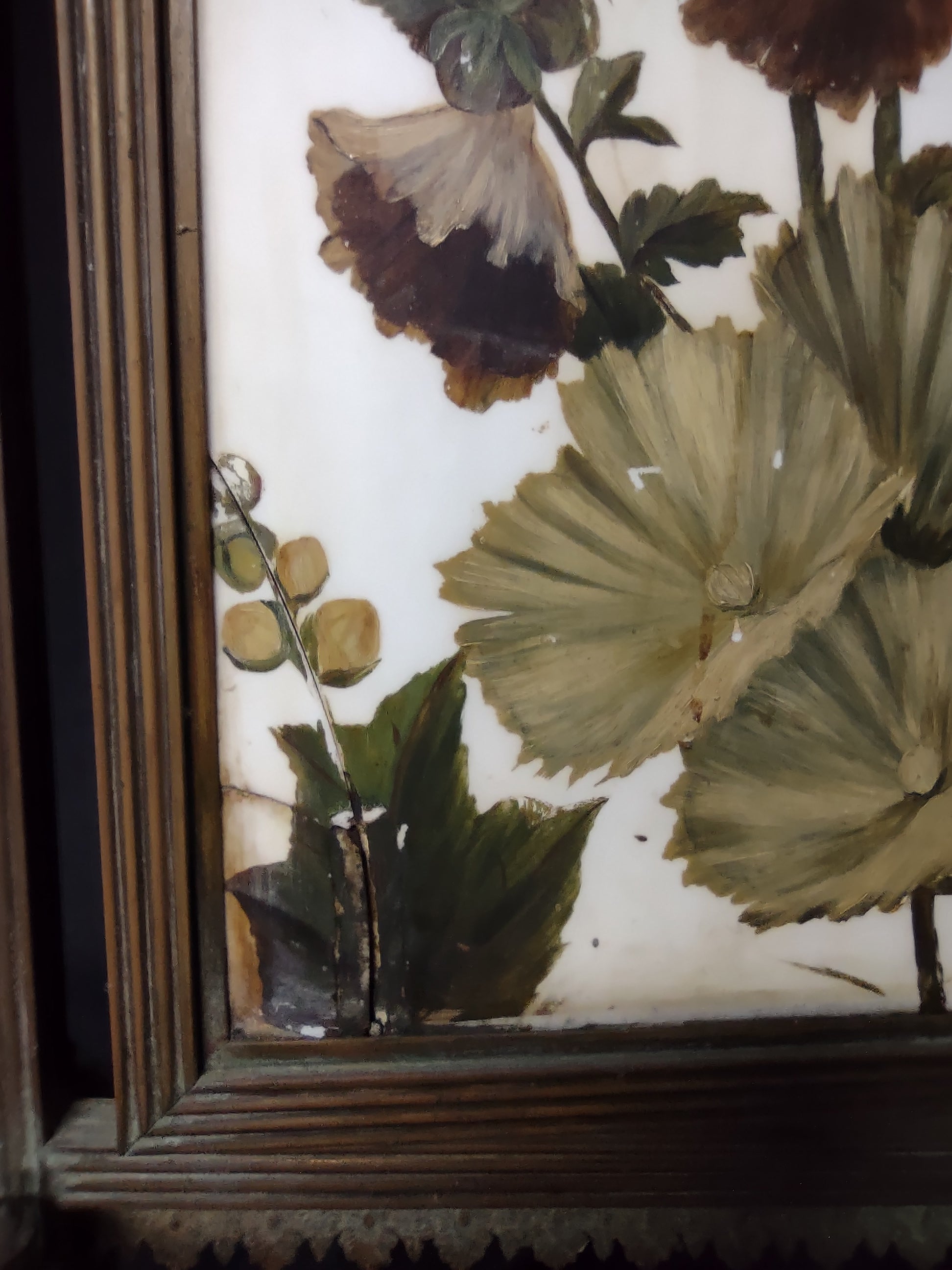 Vintage Brass Fire Screen Hand-Painted Hollyhock Floral Glass Panel [6728]