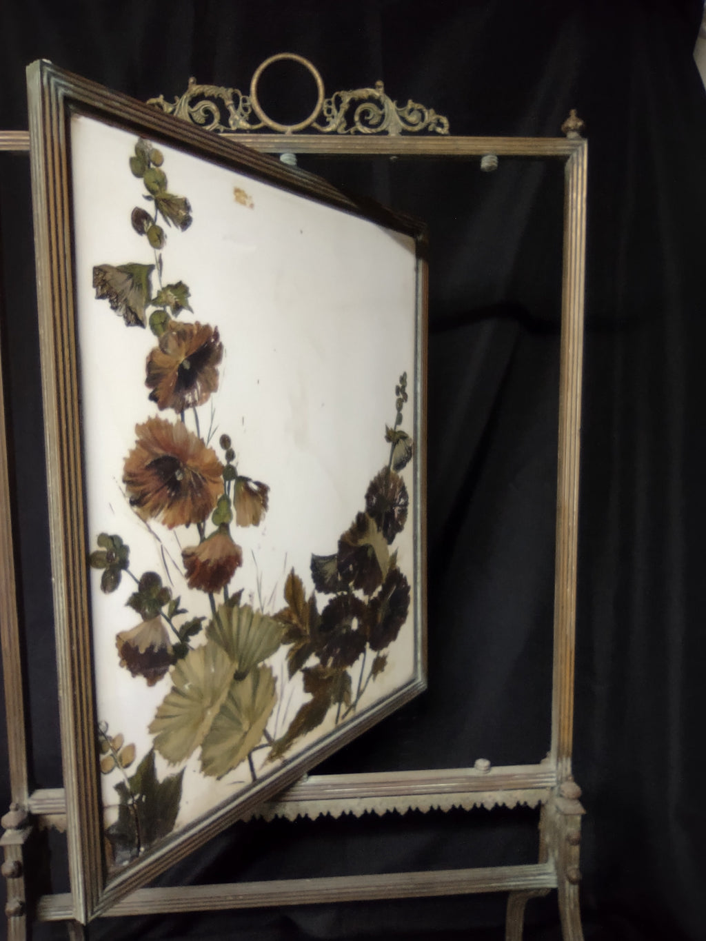 Vintage Brass Fire Screen Hand-Painted Hollyhock Floral Glass Panel [6728]