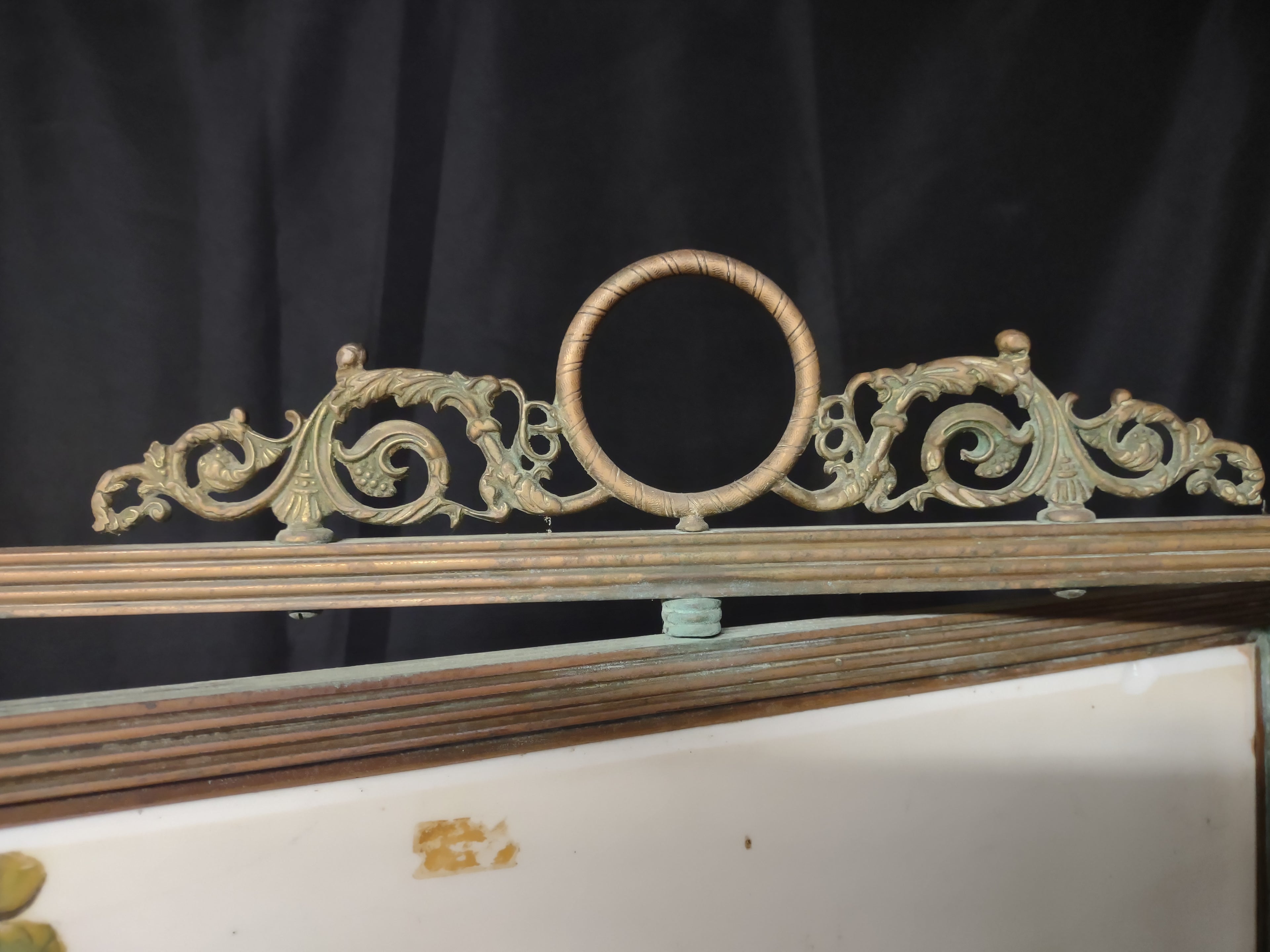 Vintage Brass Fire Screen Hand-Painted Hollyhock Floral Glass Panel [6728]