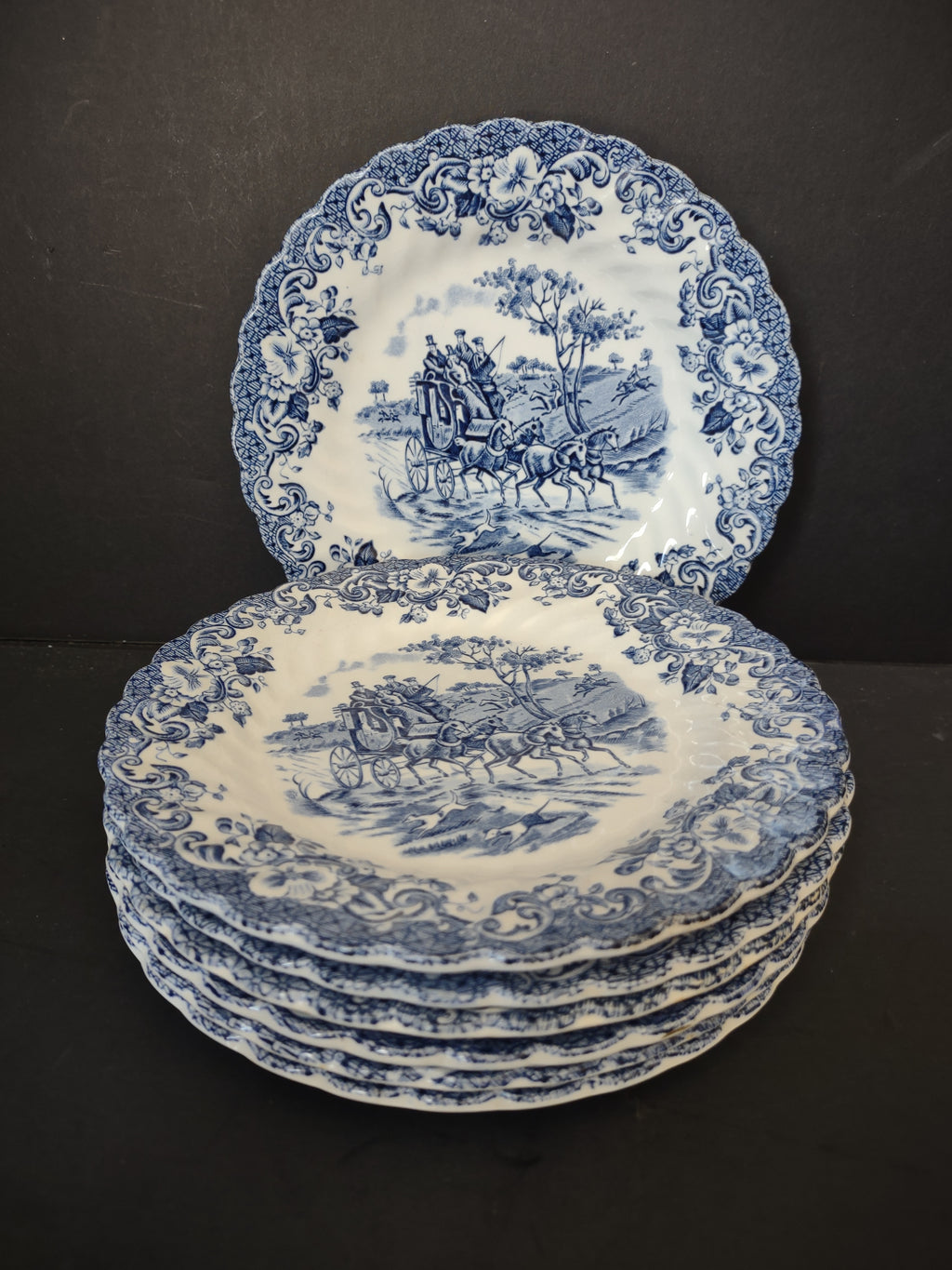 Vintage Johnson Bros Coaching Scenes Blue & White 6" Plates Set of 7 [6734]