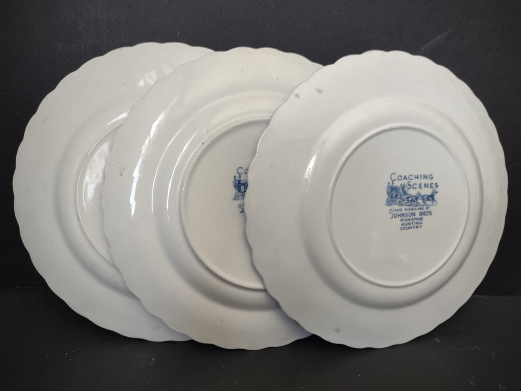 Vintage Johnson Bros Coaching Scenes Blue & White 6" Plates Set of 7 [6734]