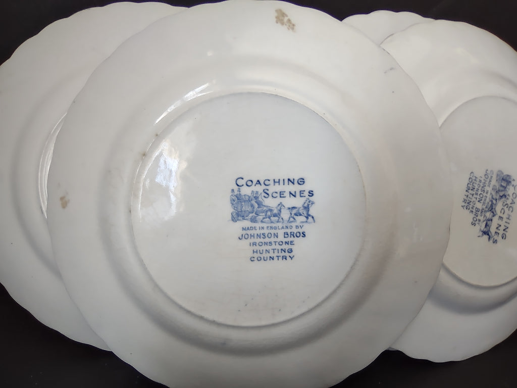 Vintage Johnson Bros Coaching Scenes Blue & White 6" Plates Set of 7 [6734]