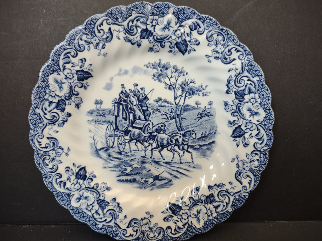 Vintage Johnson Bros Coaching Scenes Blue & White 6" Plates Set of 7 [6734]