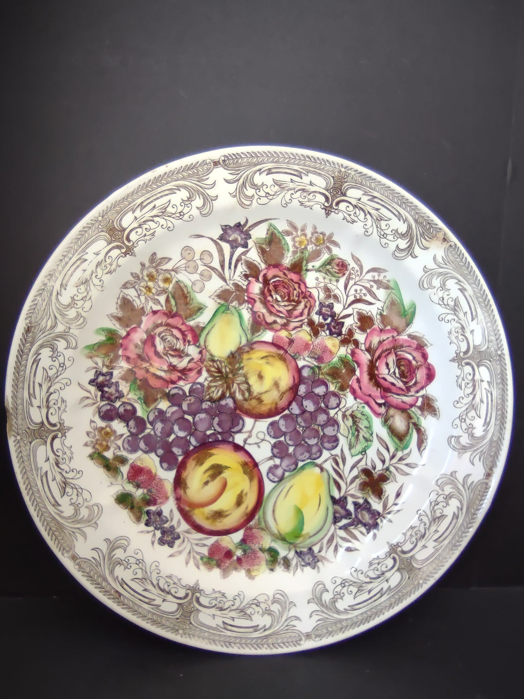 Vintage Transferware Plate Fruit Floral Roses Grapes Scrollwork [6730]