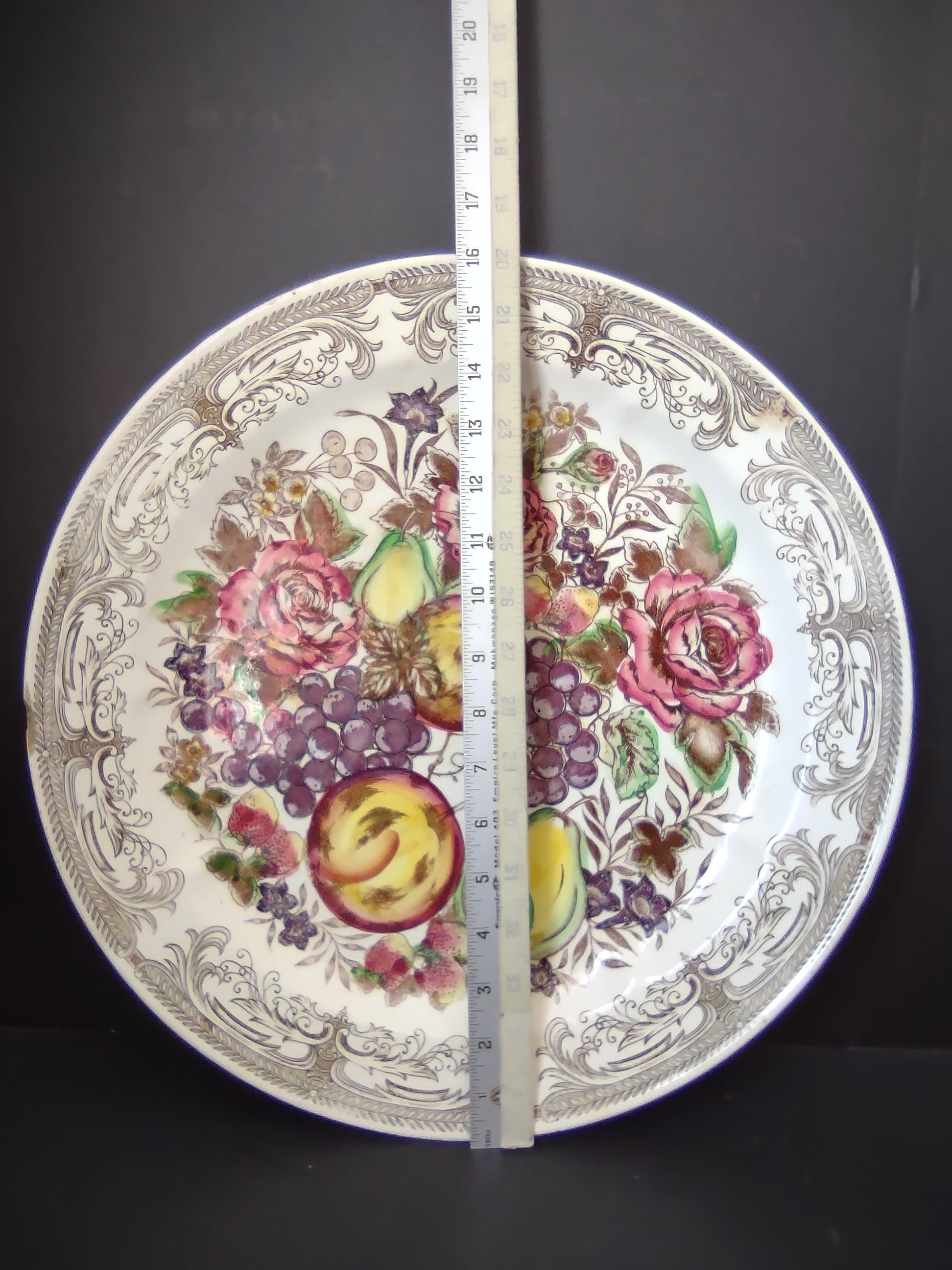 Vintage Transferware Plate Fruit Floral Roses Grapes Scrollwork [6730]
