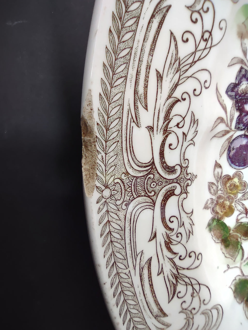 Vintage Transferware Plate Fruit Floral Roses Grapes Scrollwork [6730]