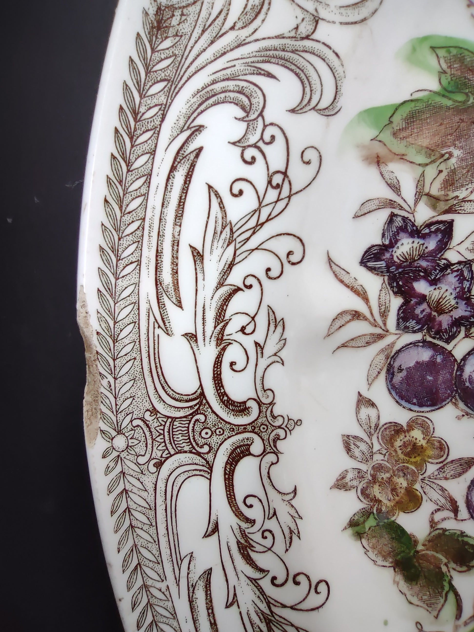 Vintage Transferware Plate Fruit Floral Roses Grapes Scrollwork [6730]
