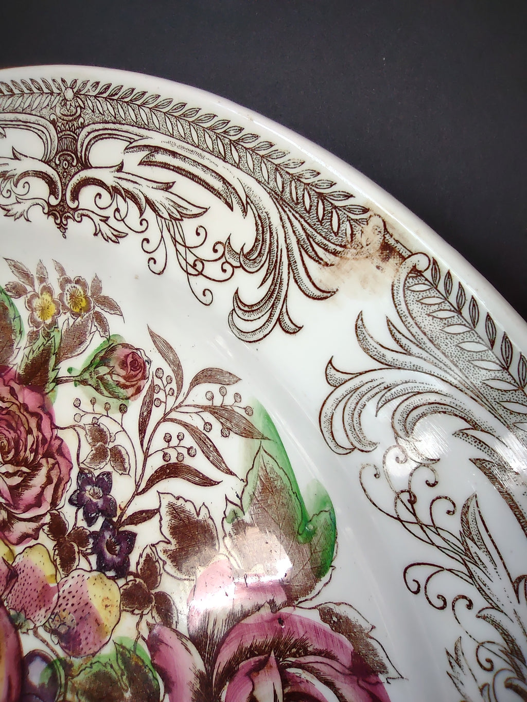 Vintage Transferware Plate Fruit Floral Roses Grapes Scrollwork [6730]