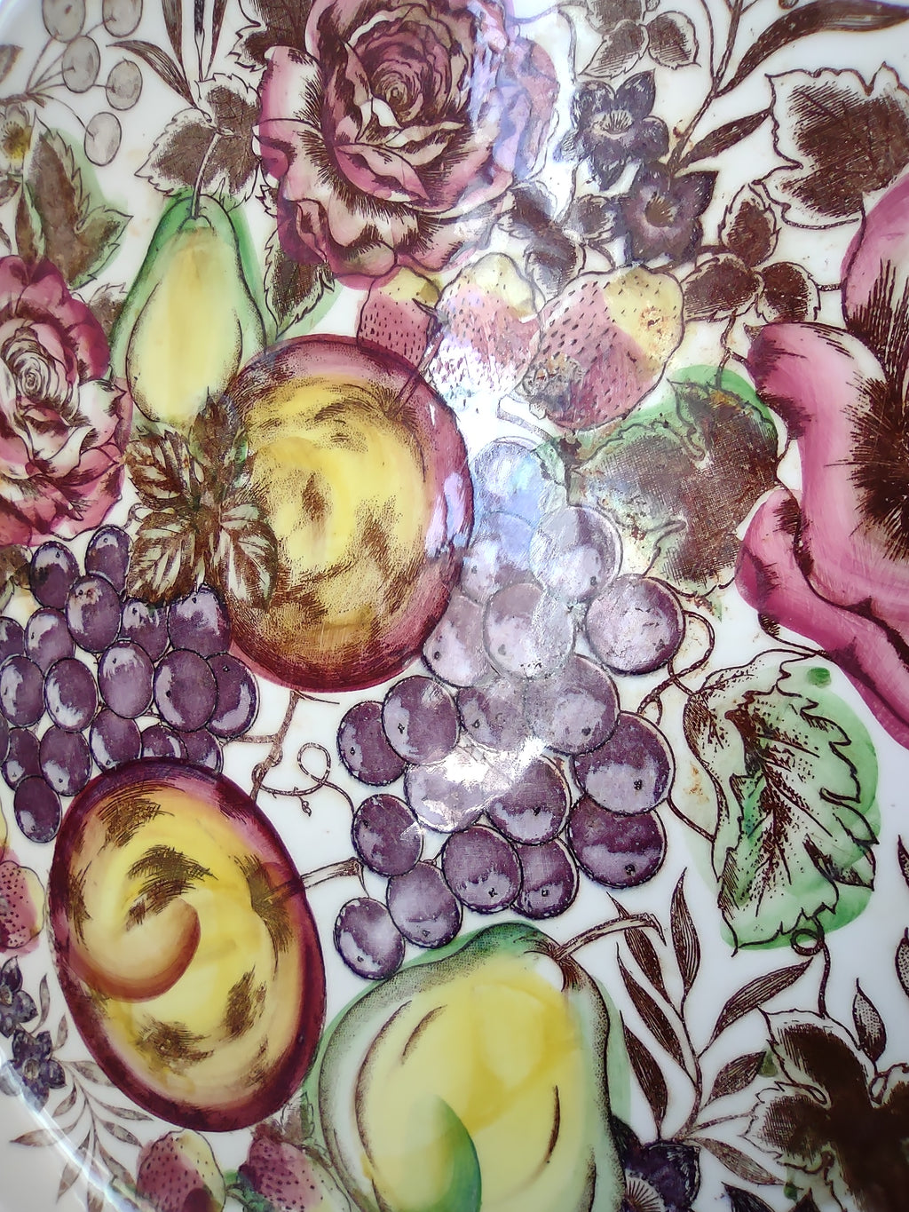 Vintage Transferware Plate Fruit Floral Roses Grapes Scrollwork [6730]