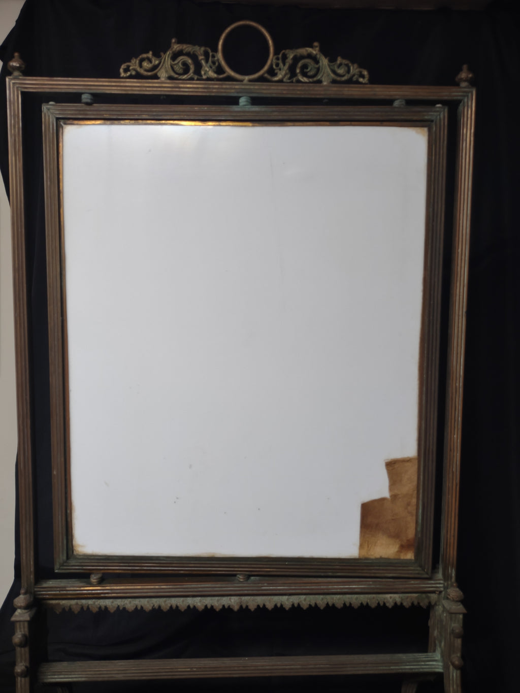 Vintage Brass Fire Screen Hand-Painted Hollyhock Floral Glass Panel [6728]