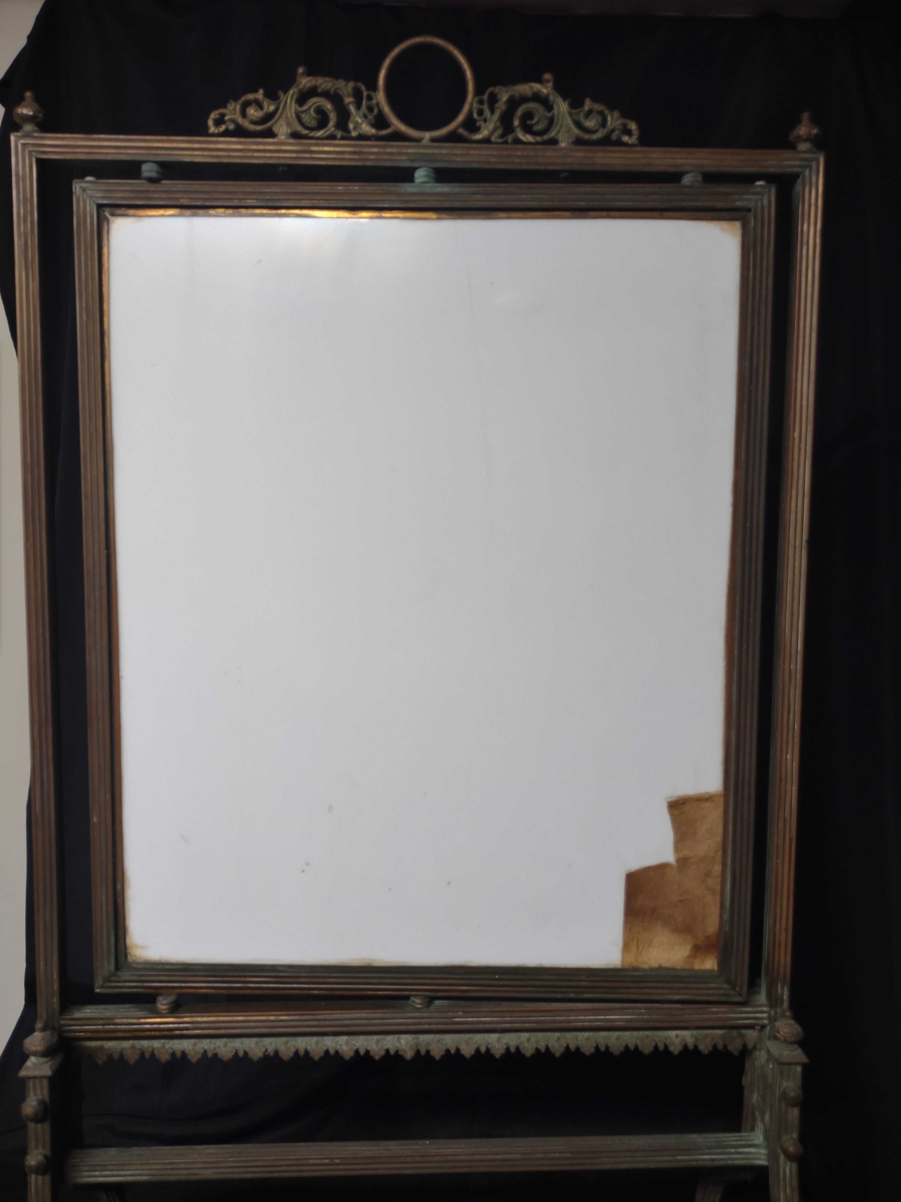 Vintage Brass Fire Screen Hand-Painted Hollyhock Floral Glass Panel [6728]