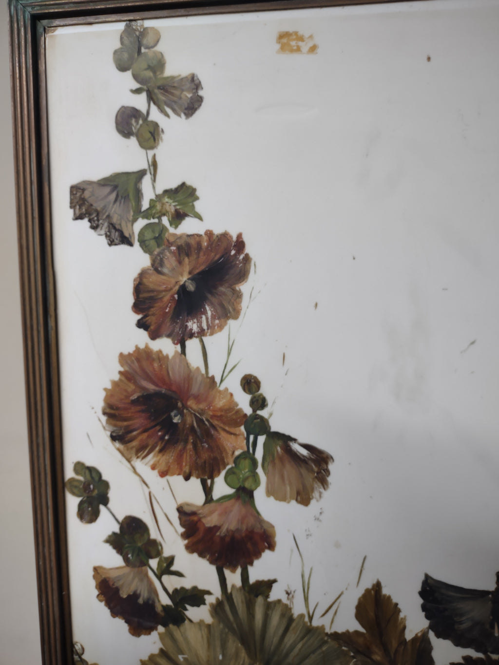 Vintage Brass Fire Screen Hand-Painted Hollyhock Floral Glass Panel [6728]